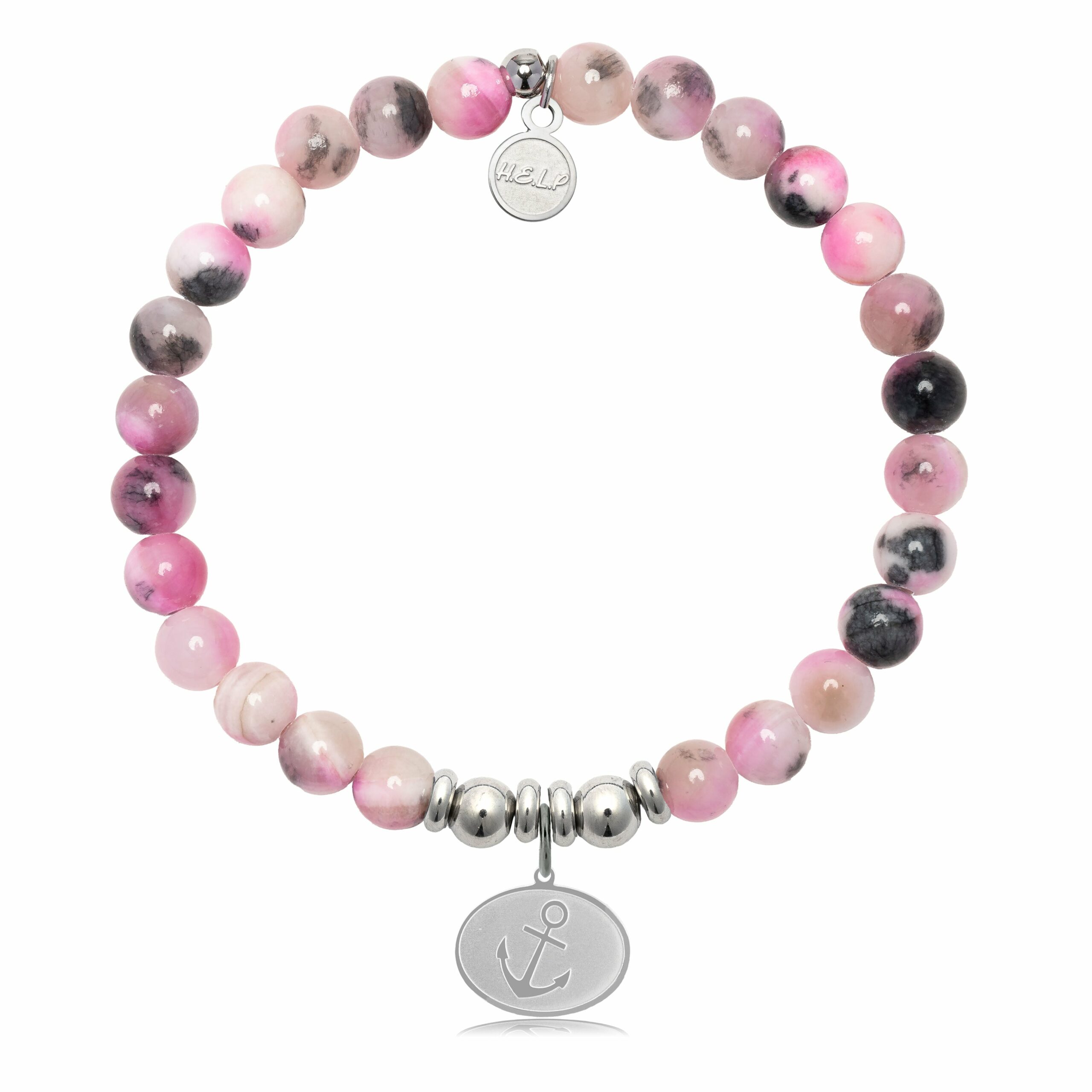 Anchor Charm with Pink Zebra Jade Charity Bracelet