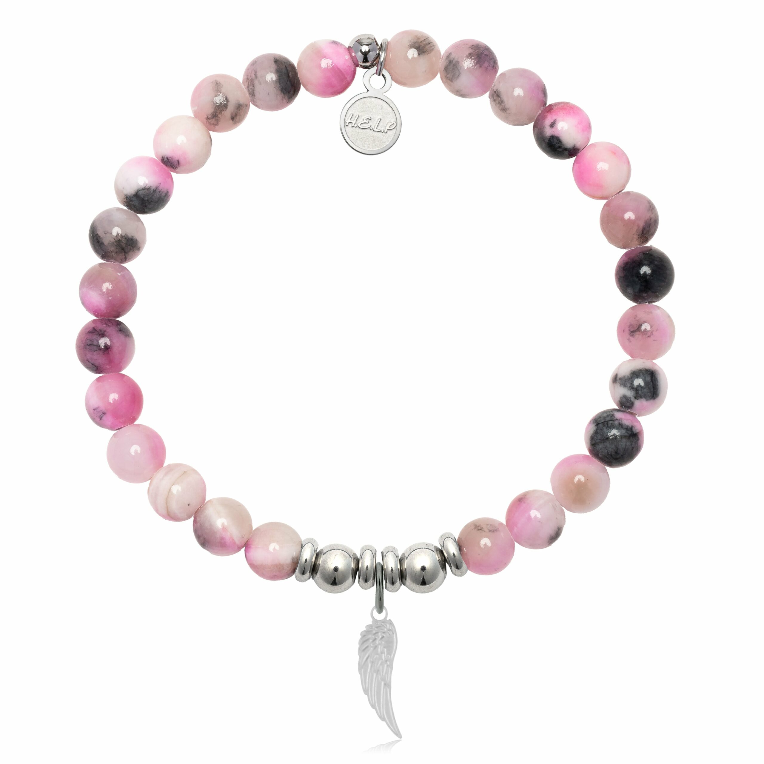 Angel Wing Cutout Charm with Pink Zebra Jade Charity Bracelet