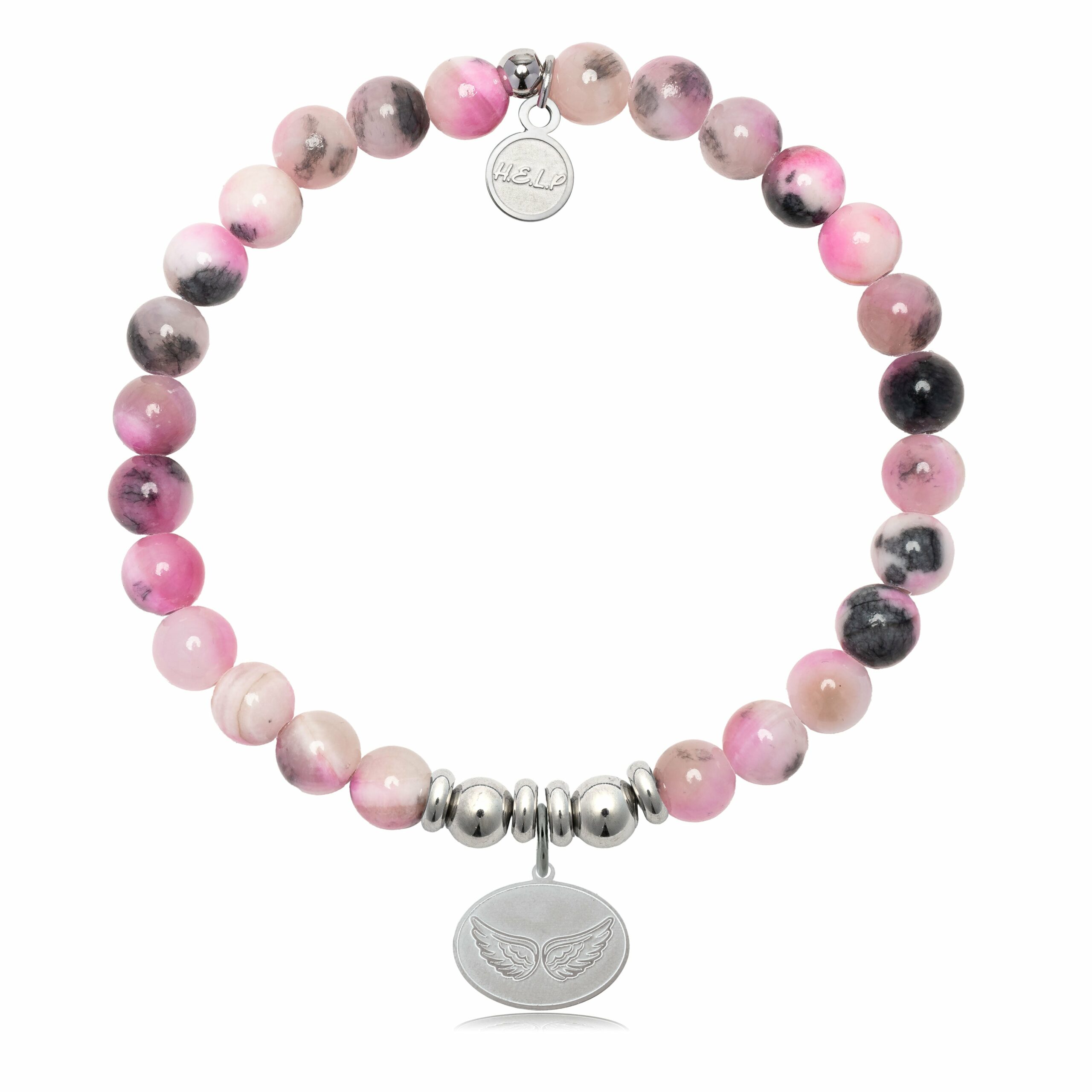 Angel Wing Charm with Pink Zebra Jade Charity Bracelet