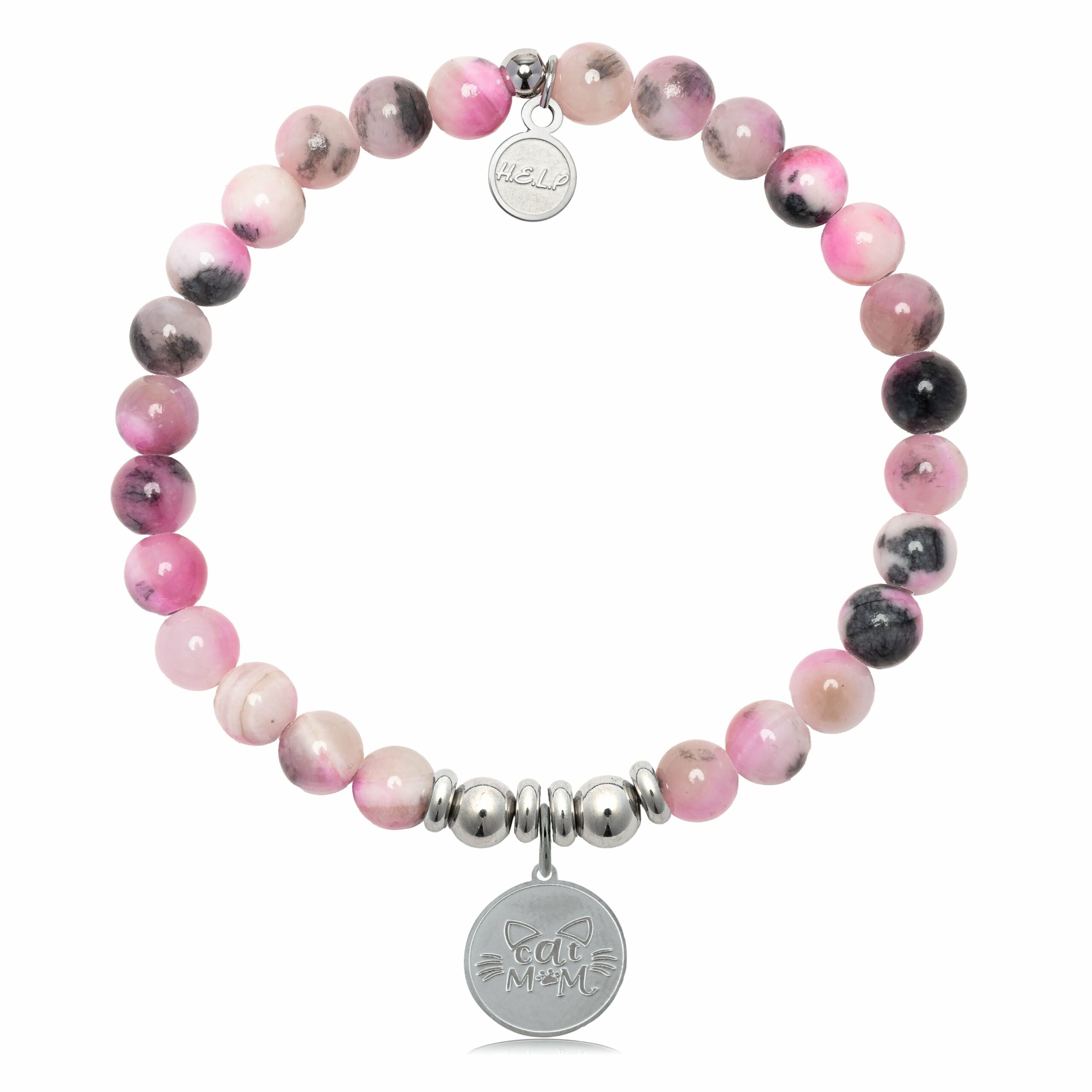 Cat Mom Charm with Pink Zebra Jade Charity Bracelet