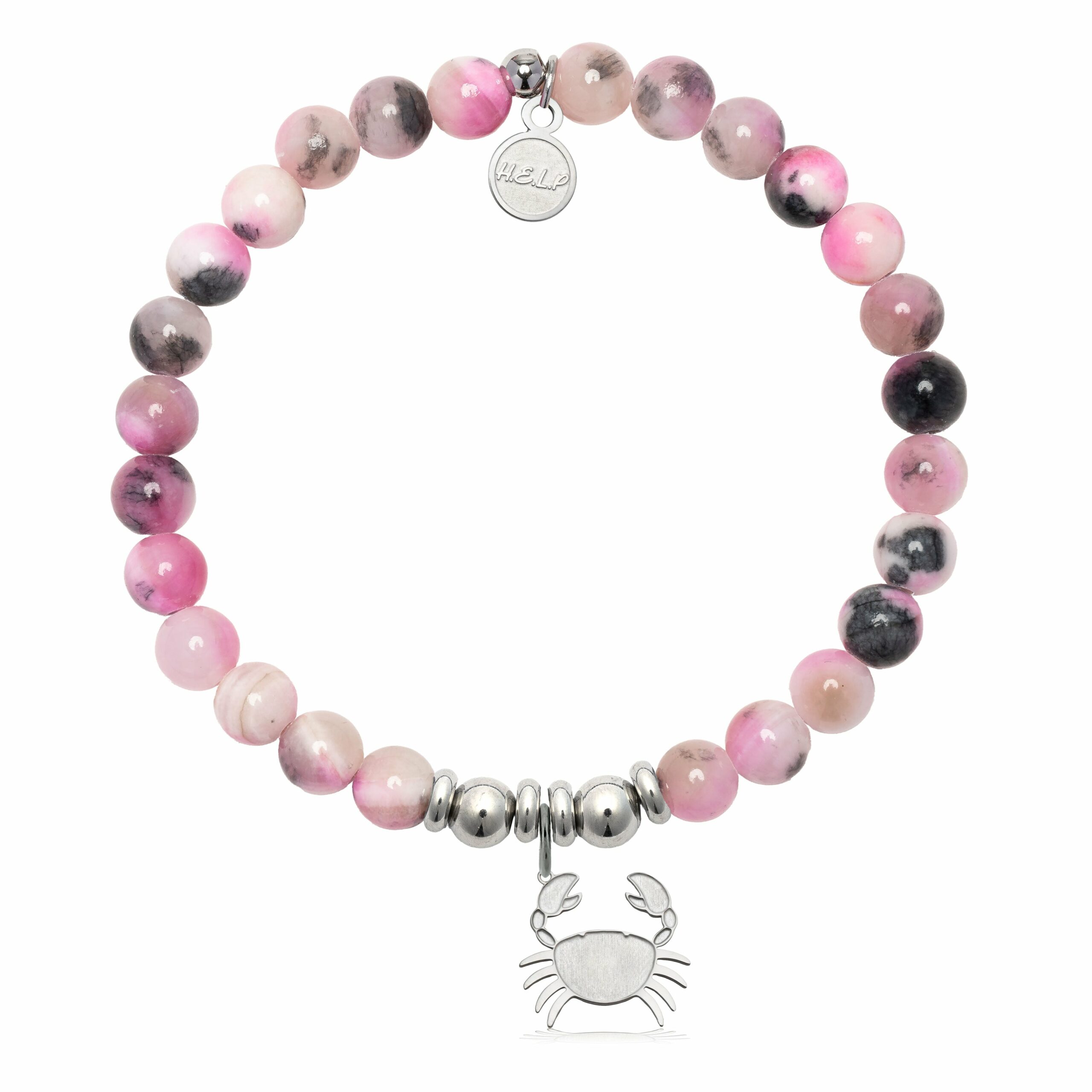 Crab Charm with Pink Zebra Jade Charity Bracelet