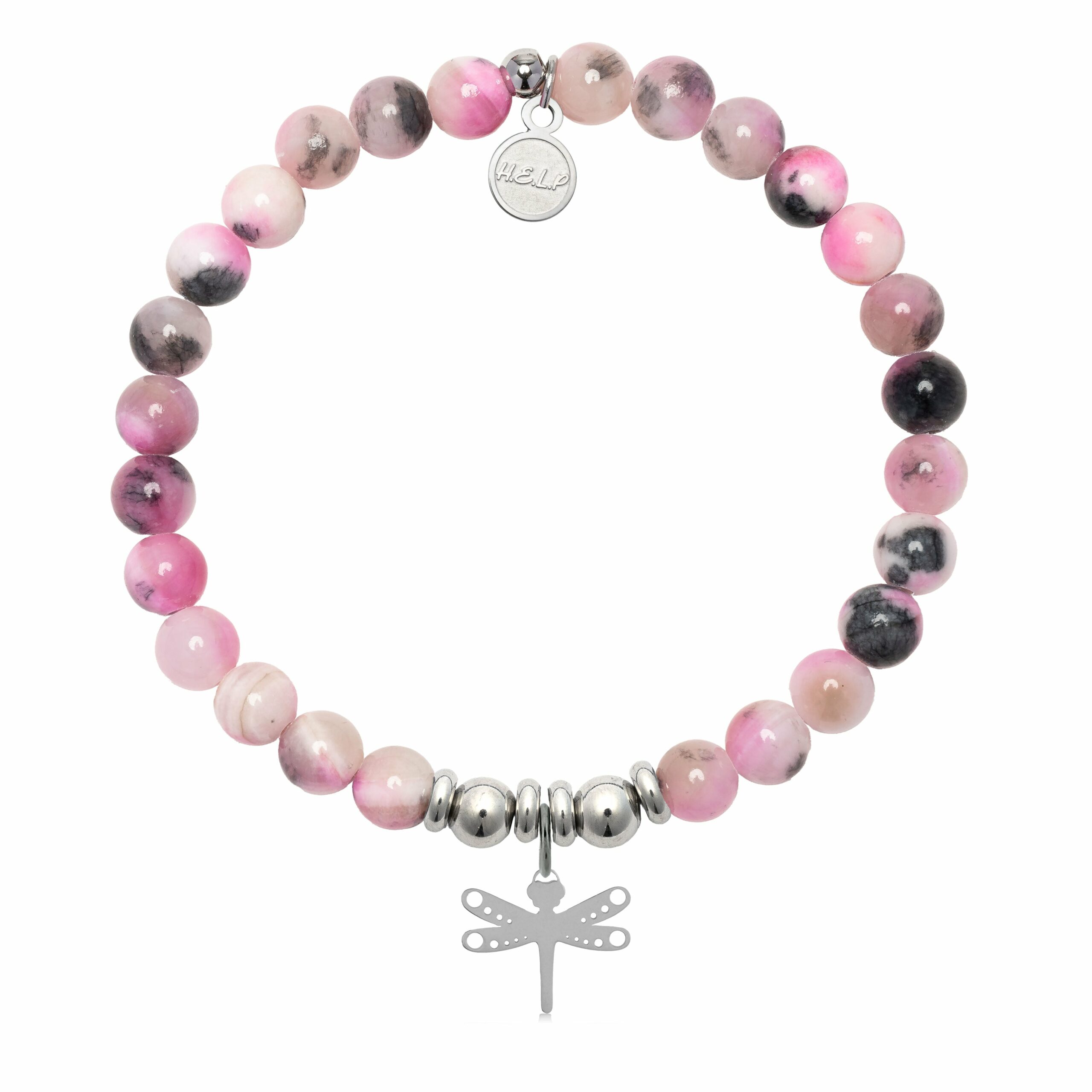 Dragonfly Charm with Pink Zebra Jade Charity Bracelet