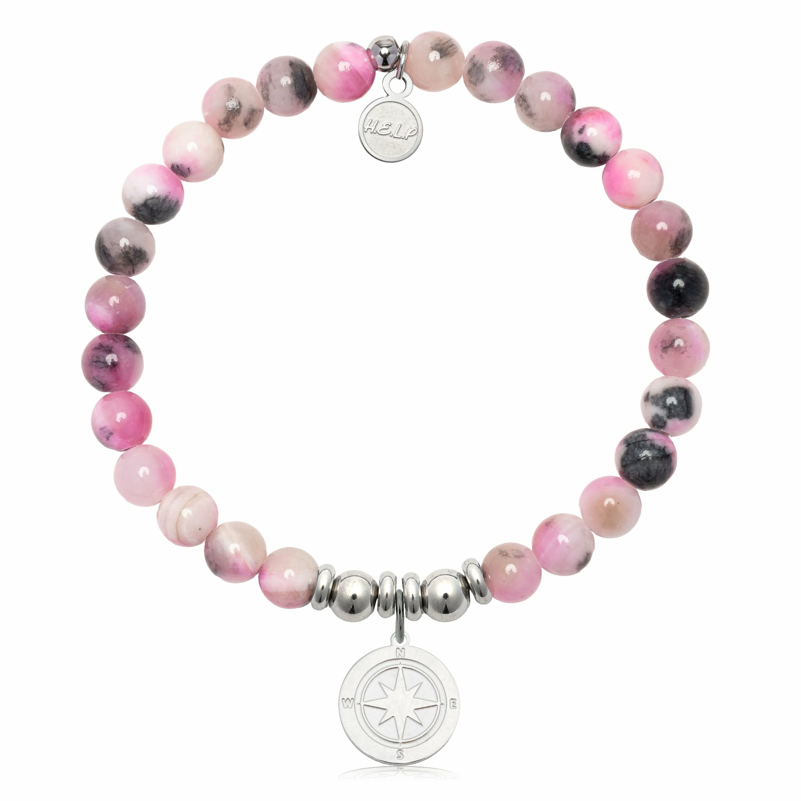 Compass Rose Charm with Pink Zebra Jade Charity Bracelet