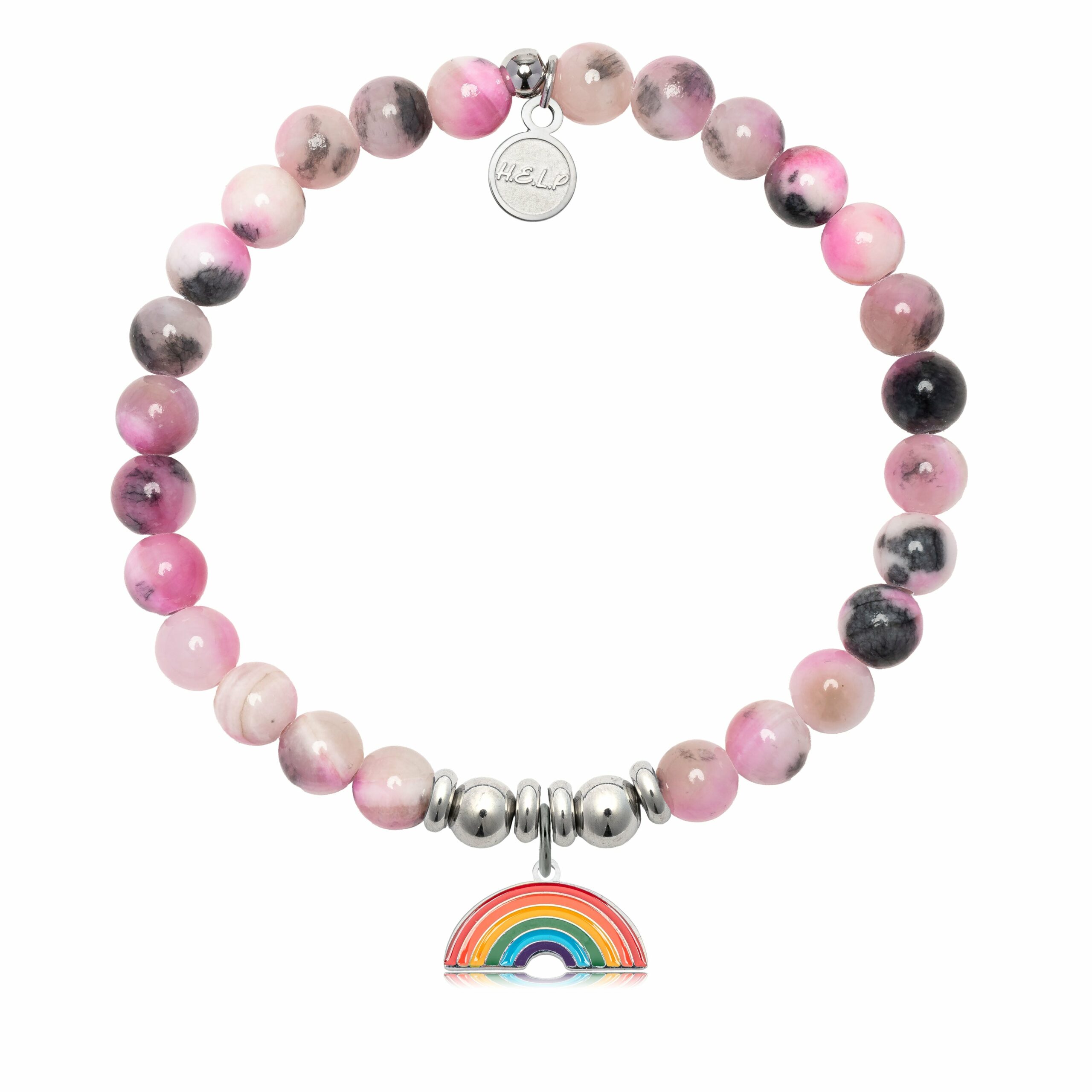 Rainbow Enamel Charm with Pink Zebra Jade Charity Bracelet