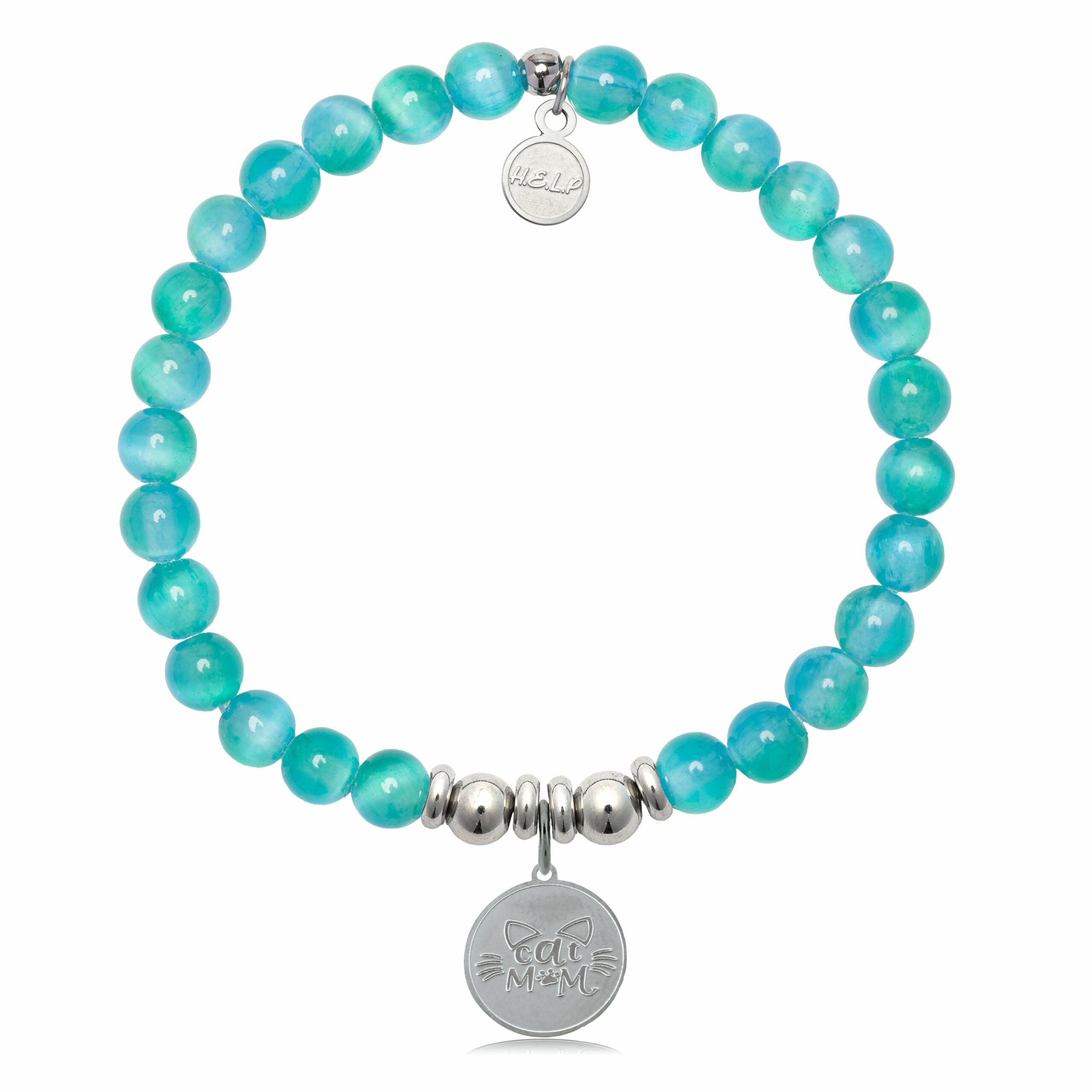 Cat Mom Charm with Teal Selenite Charity Bracelet