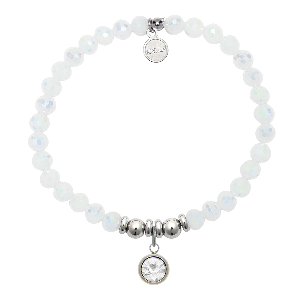 Birthstone Collection – April Diamond Crystal Charm with White Crystal Charity Bracelet