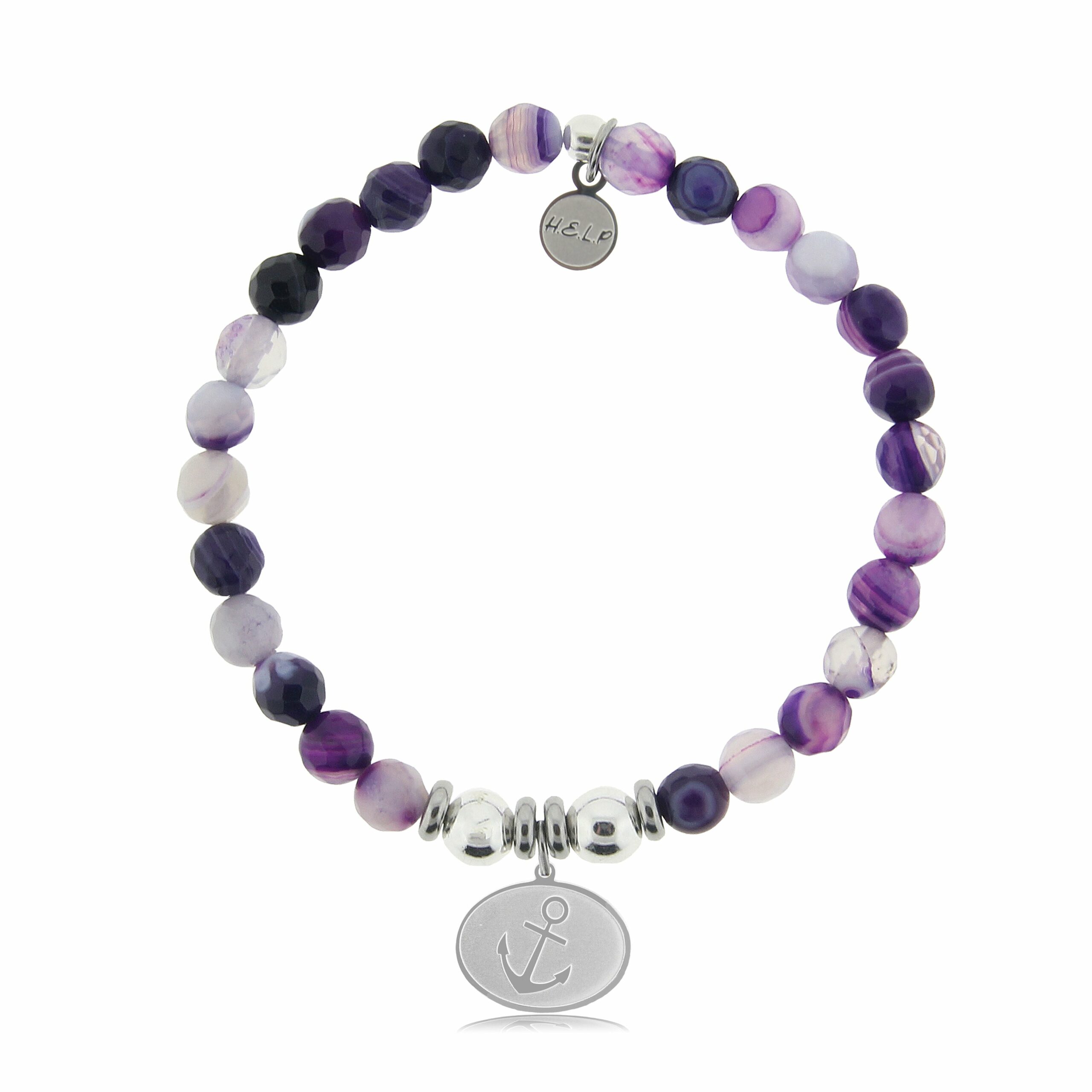 Anchor Charm with Purple Stripe Agate Beads Charity Bracelet