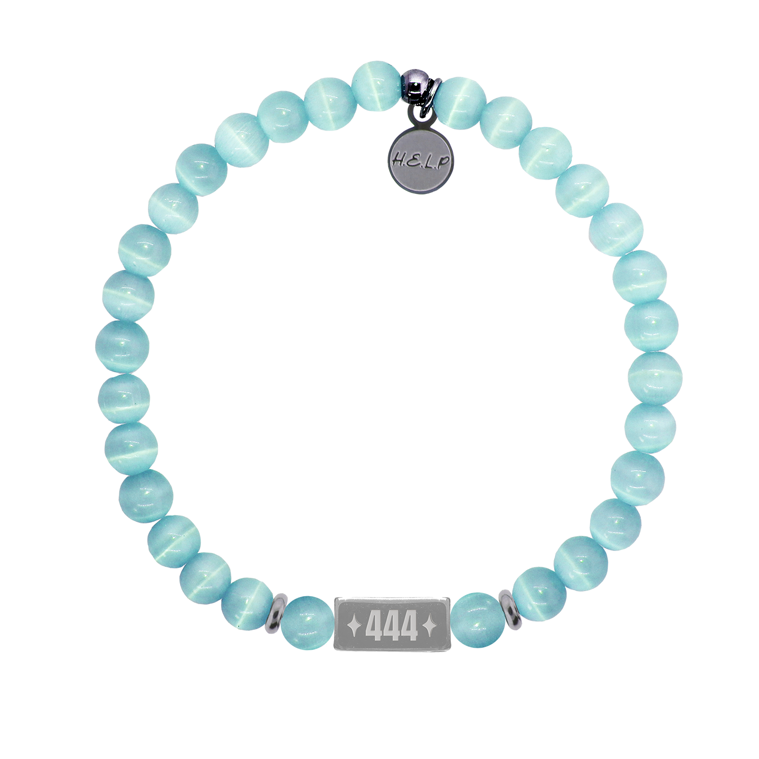 Angel Number 444 Protection Charm with Aqua Cats Eye Charity Bracelet