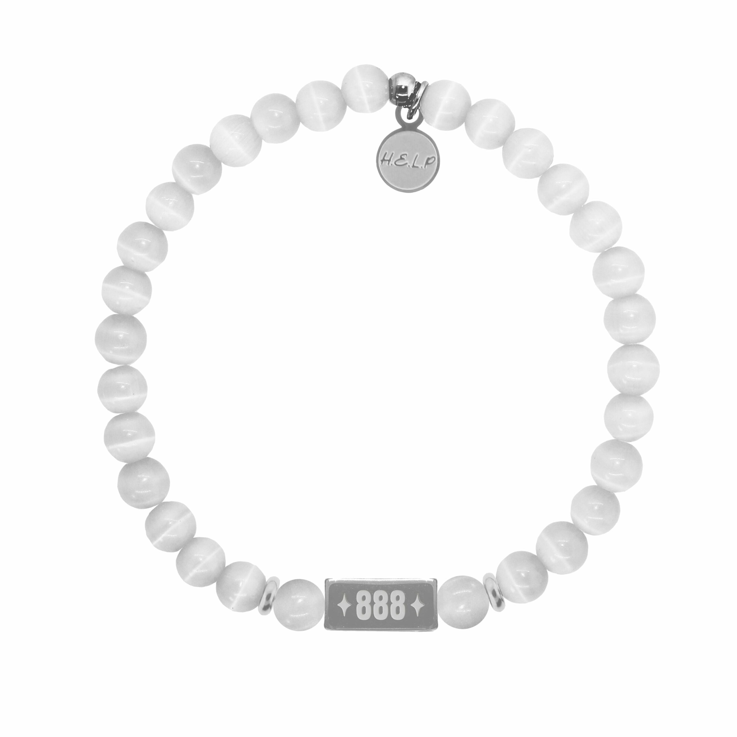 Angel Number 888 Balance Charm with White Cats Eye Charity Bracelet