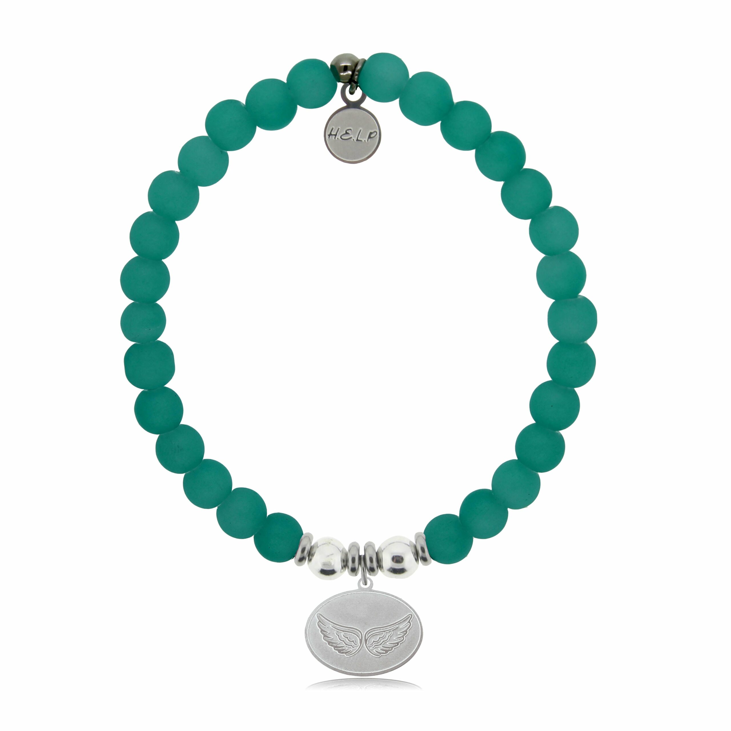 Angel Wings Charm with Aqua Blue Seaglass Charity Bracelet