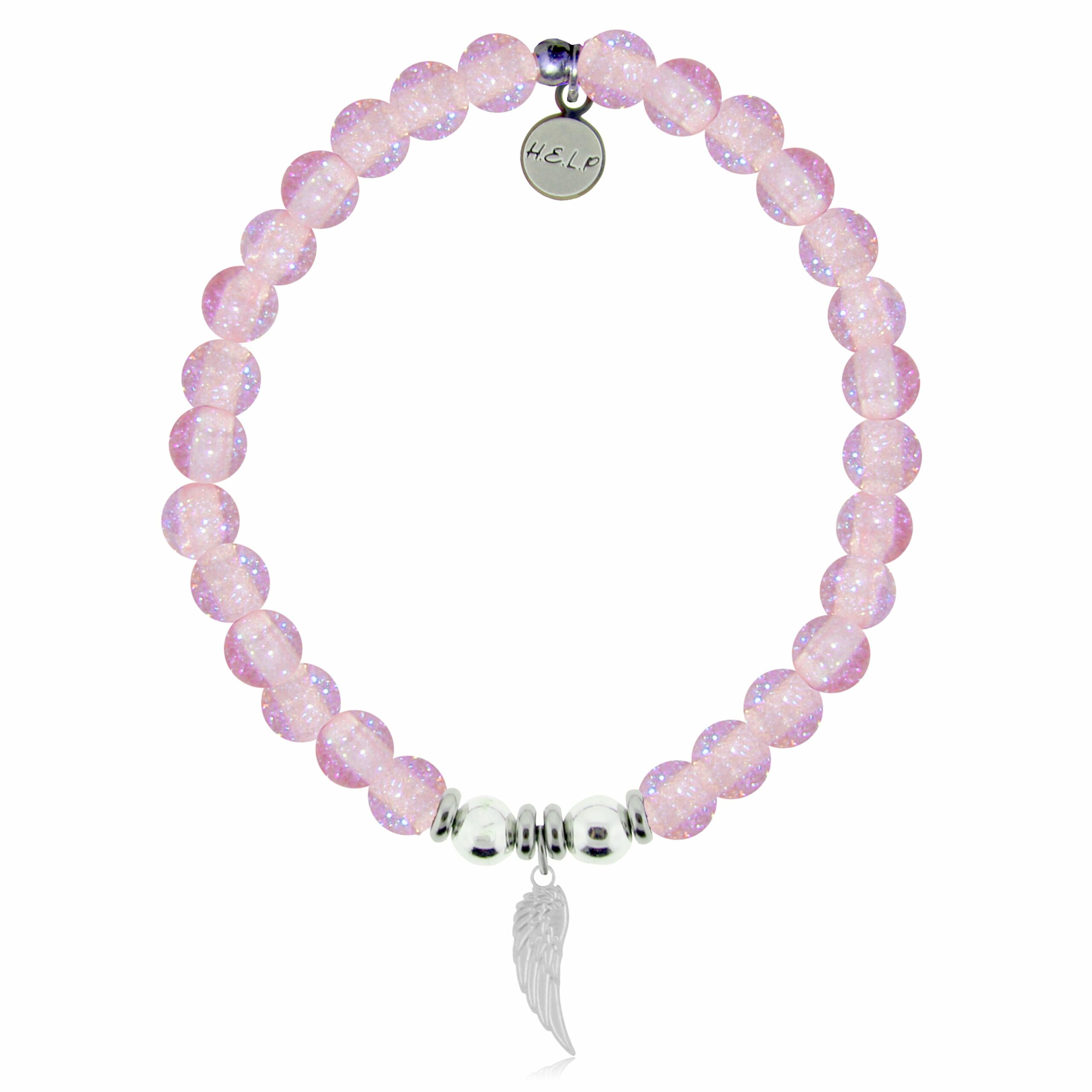 Angel Wing Cutout Charm with Pink Glass Shimmer Charity Bracelet