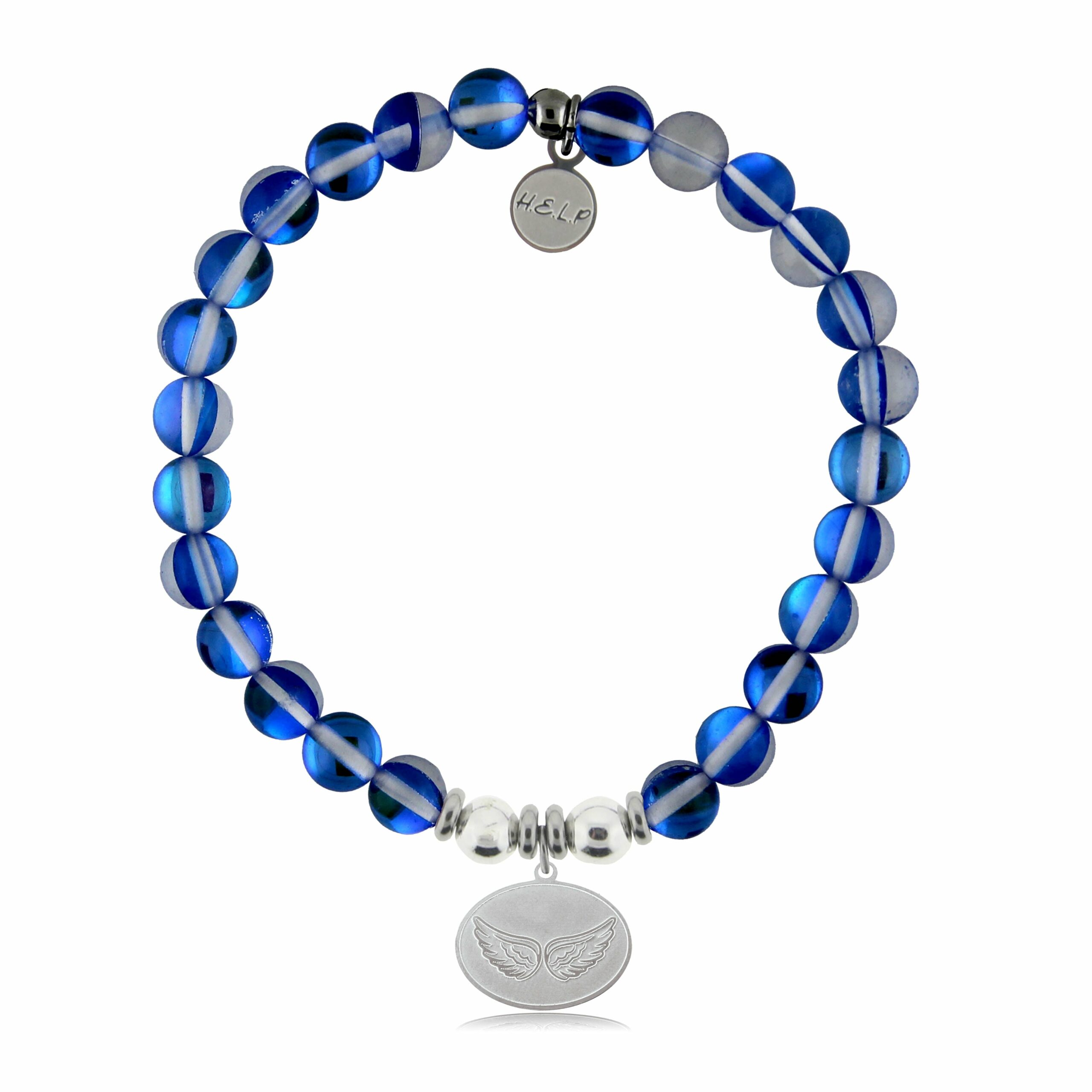 Angel Wings Charm with Blue Opalescent Beads Charity Bracelet