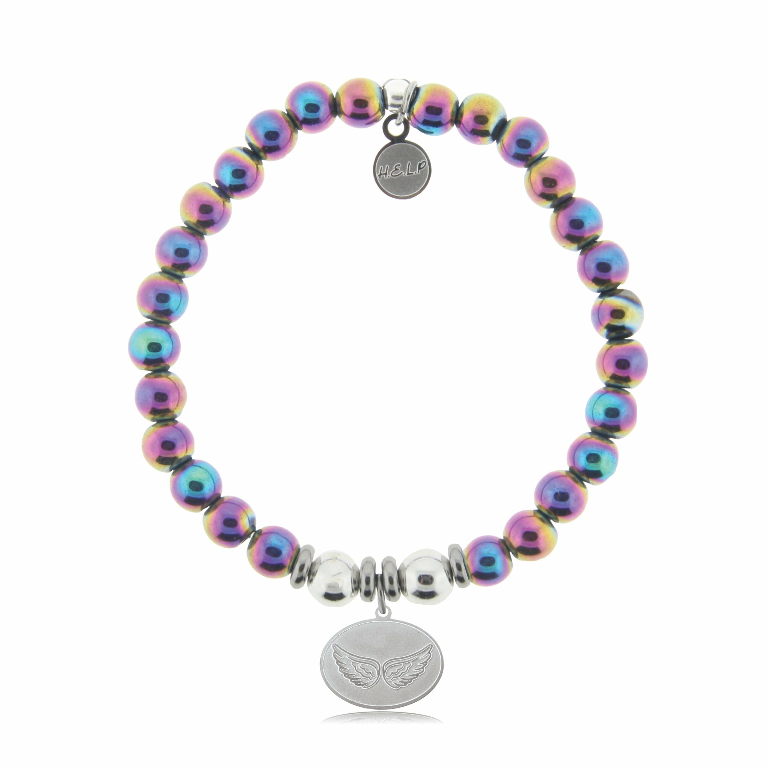 Angel Wings Charm with Rainbow Hematite Beads Charity Bracelet