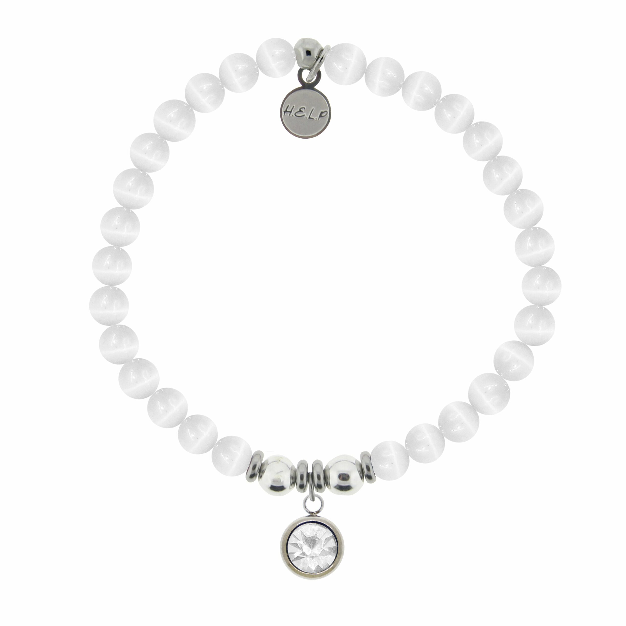 Birthstone Collection – April Diamond Crystal Charm with White Cats Eye Charity Bracelet