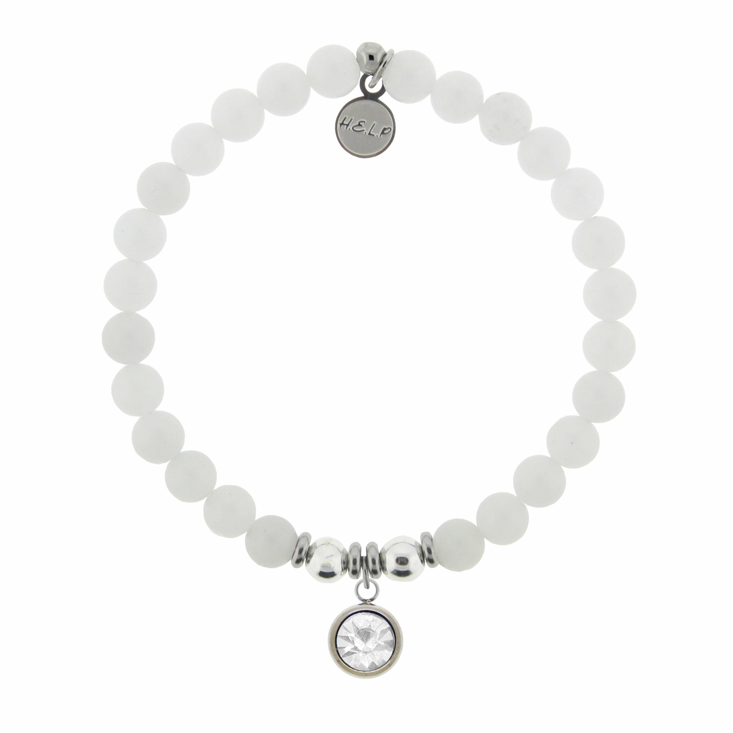 Birthstone Collection – April Diamond Crystal Charm with White Jade Charity Bracelet