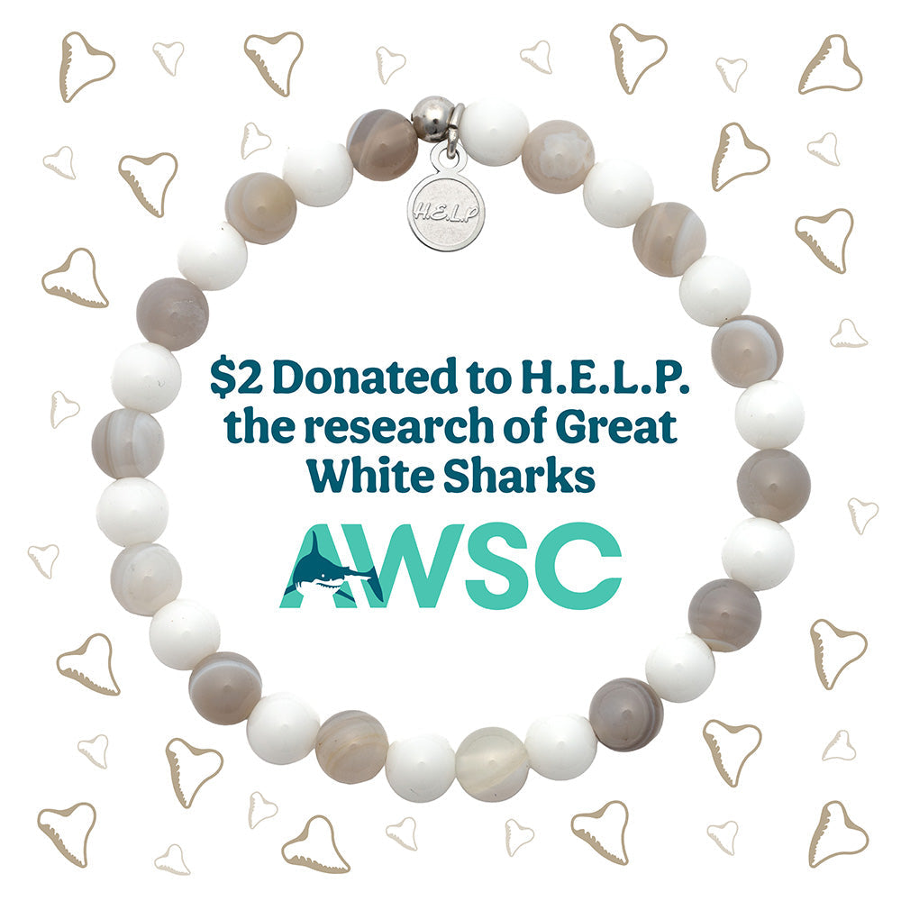 Atlantic White Shark Conservancy Charity Stacker: Grey Stripe Agate & White Jade Bracelet