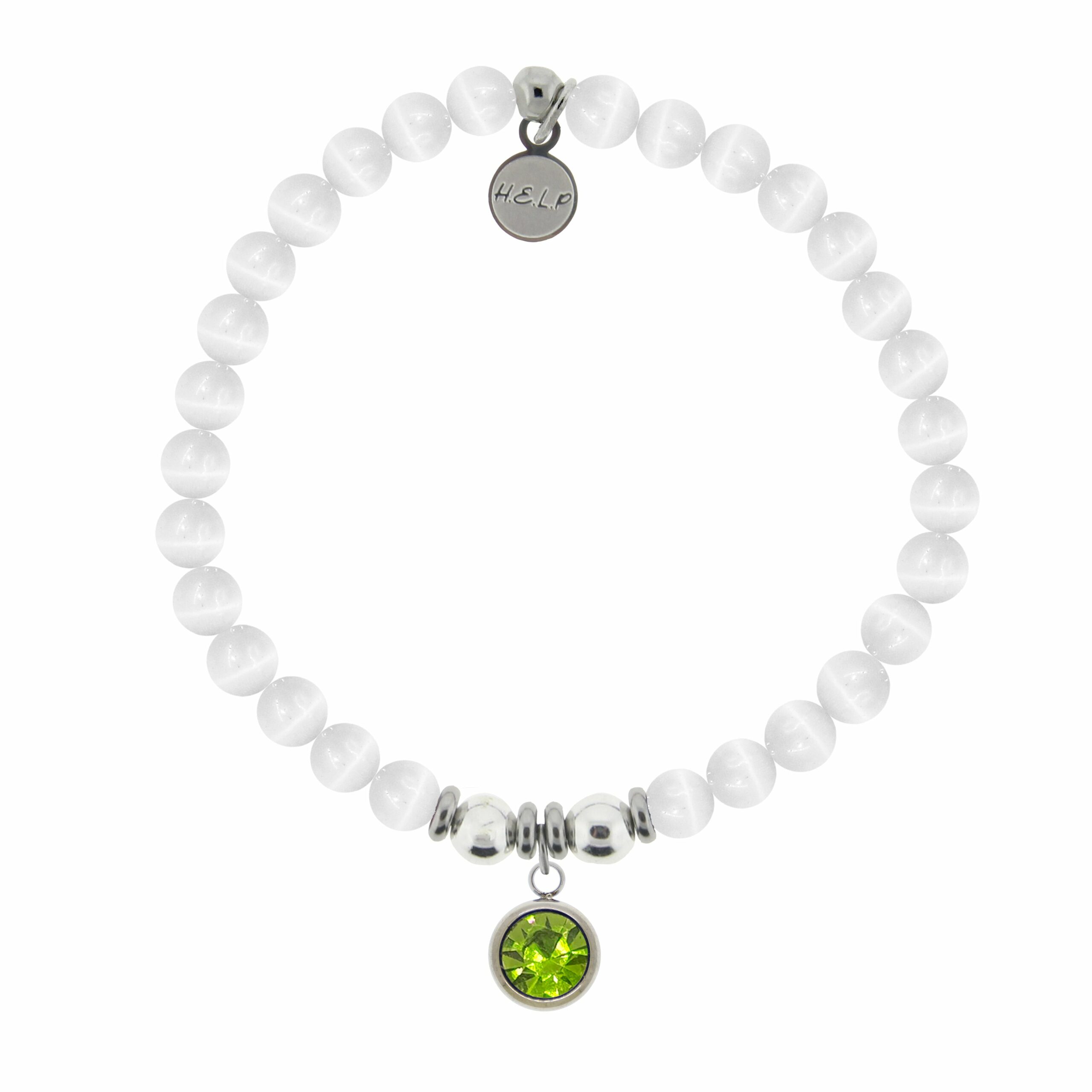 Birthstone Collection – August Peridot Crystal Charm with White Cats Eye Charity Bracelet