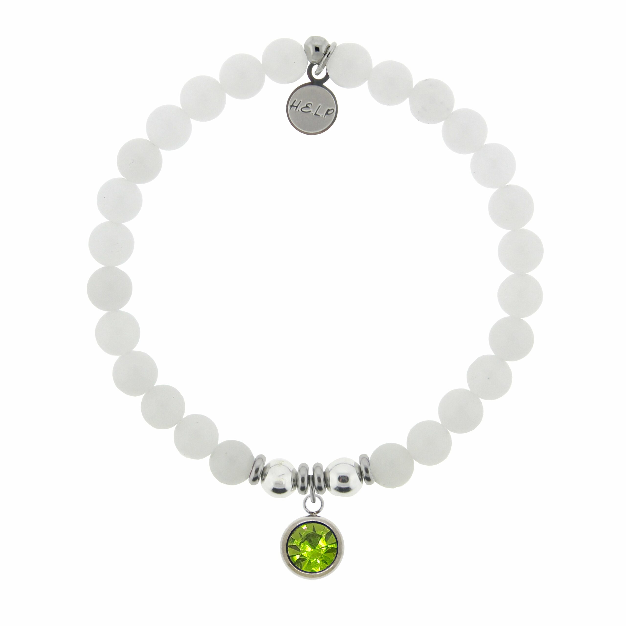 Birthstone Collection – August Peridot Crystal Charm with White Jade Charity Bracelet