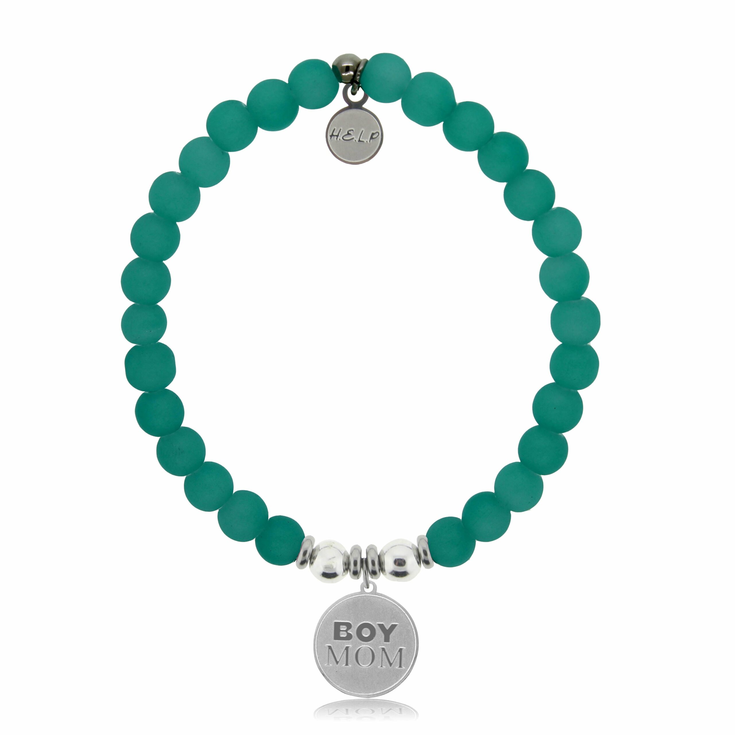 Boy Mom Charm with Aqua Blue Seaglass Charity Bracelet