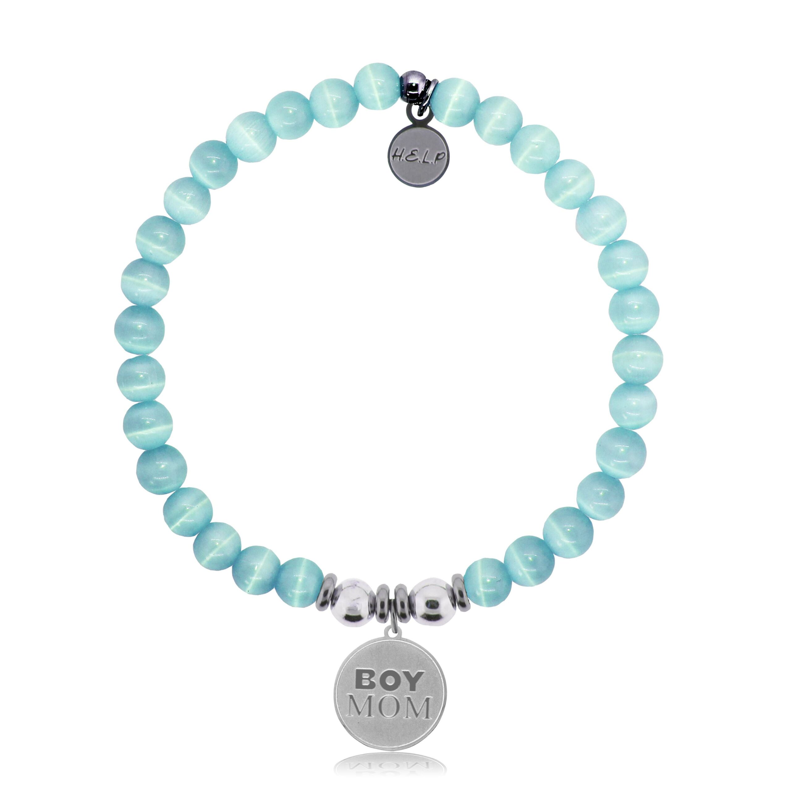 Boy Mom Charm with Aqua Cats Eye Charity Bracelet