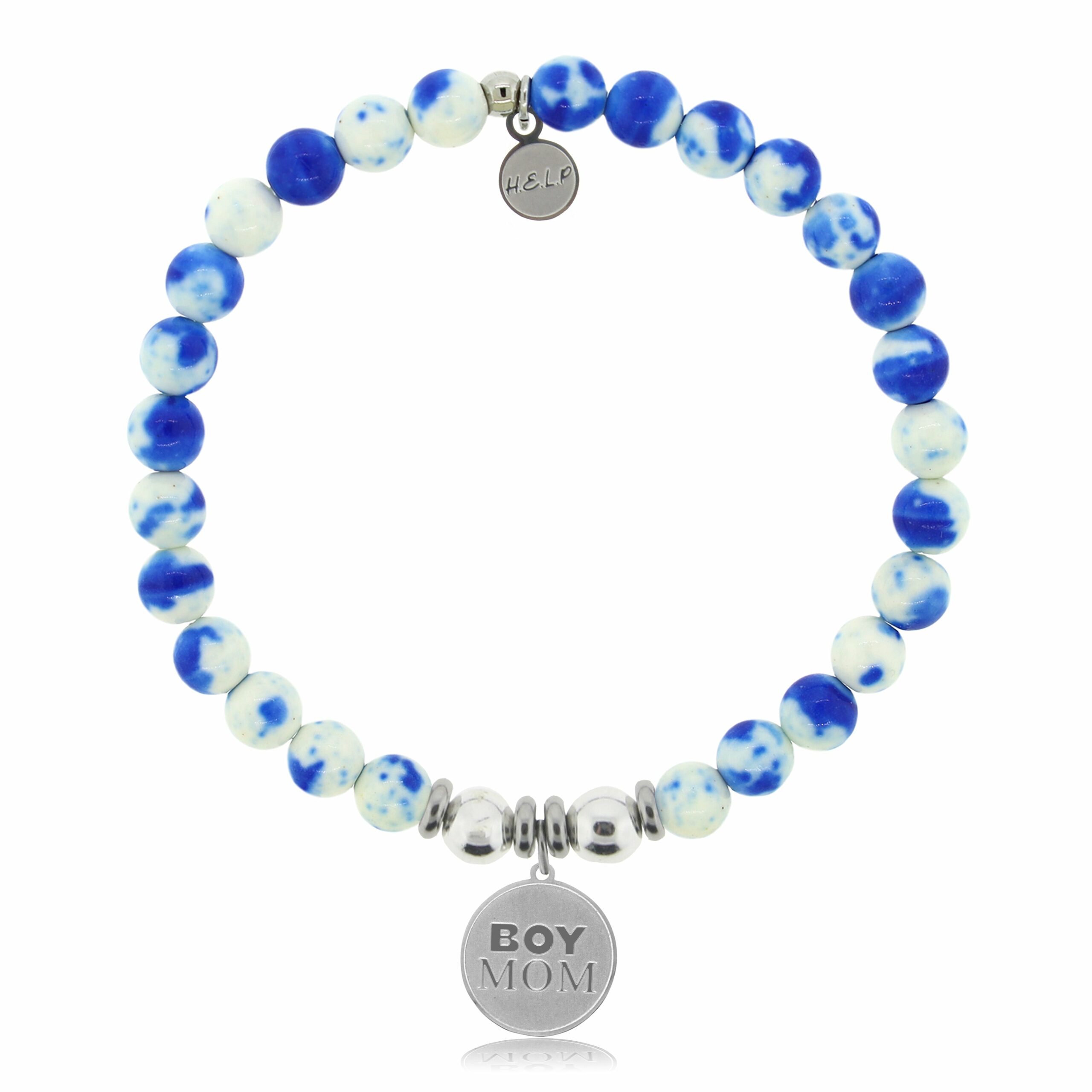 Boy Mom Charm with Blue and White Jade Charity Bracelet