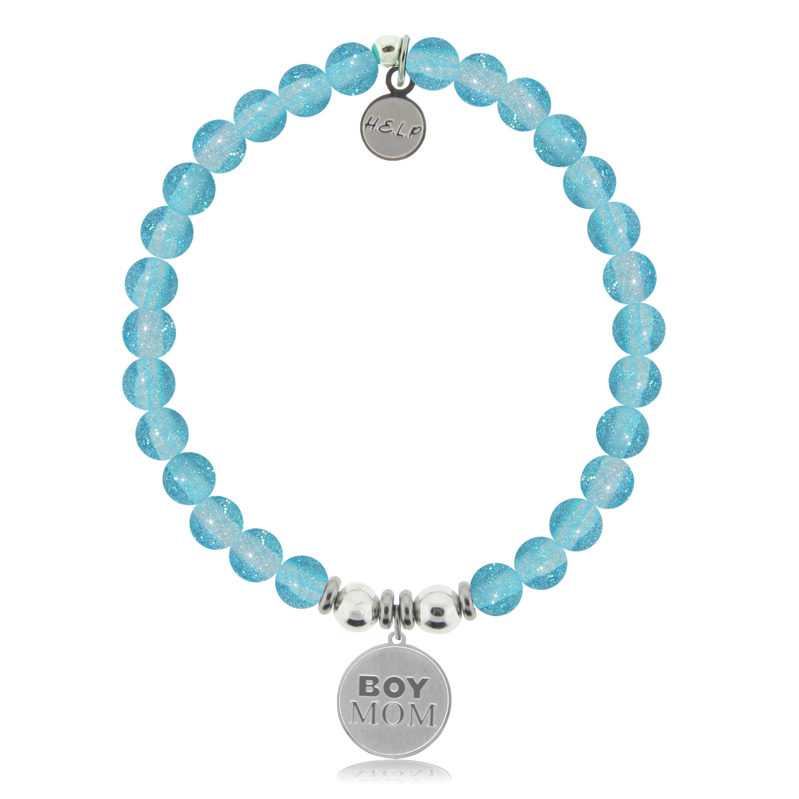 Boy Mom Charm with Blue Glass Shimmer Charity Bracelet