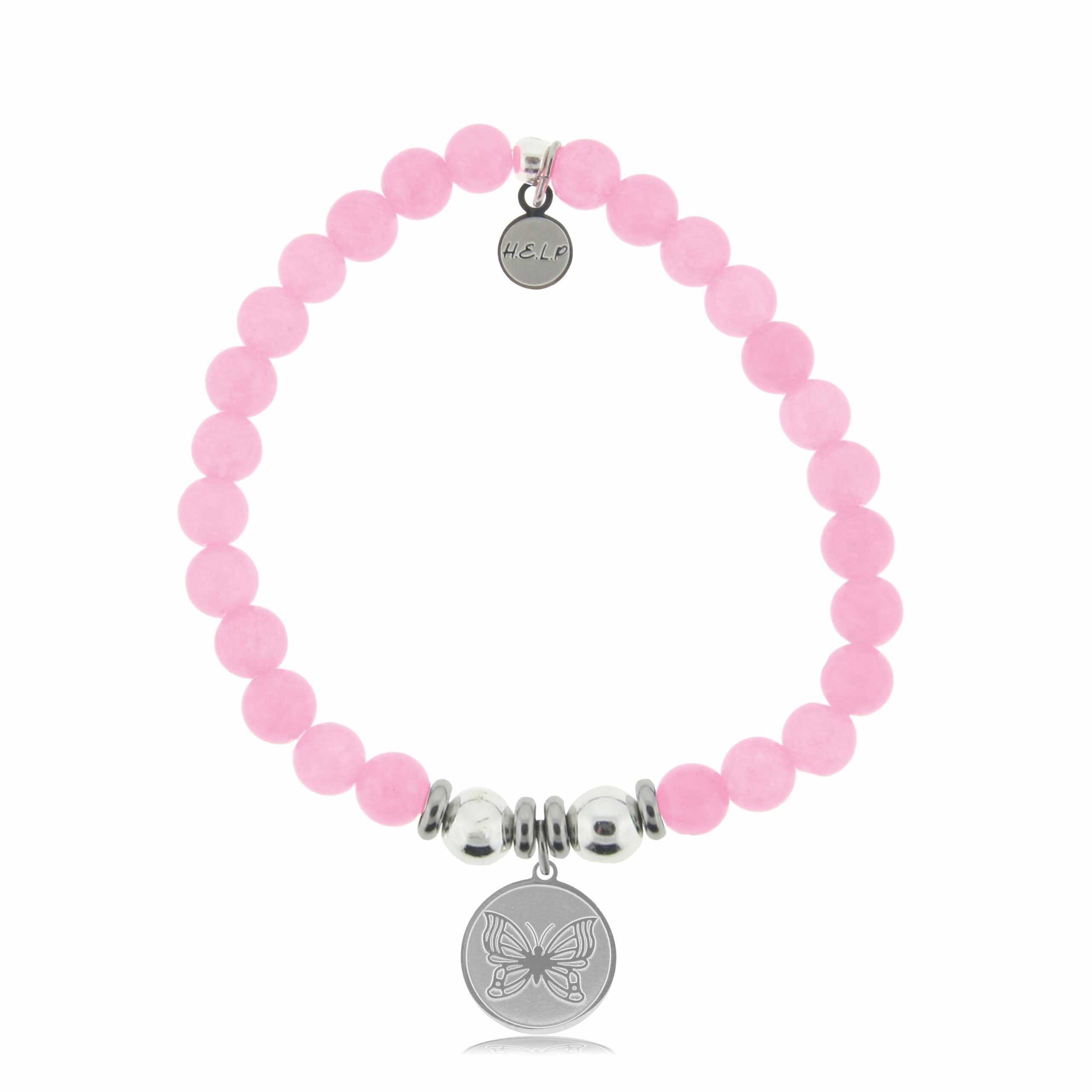 Butterfly Charm with Pink Agate Beads Charity Bracelet