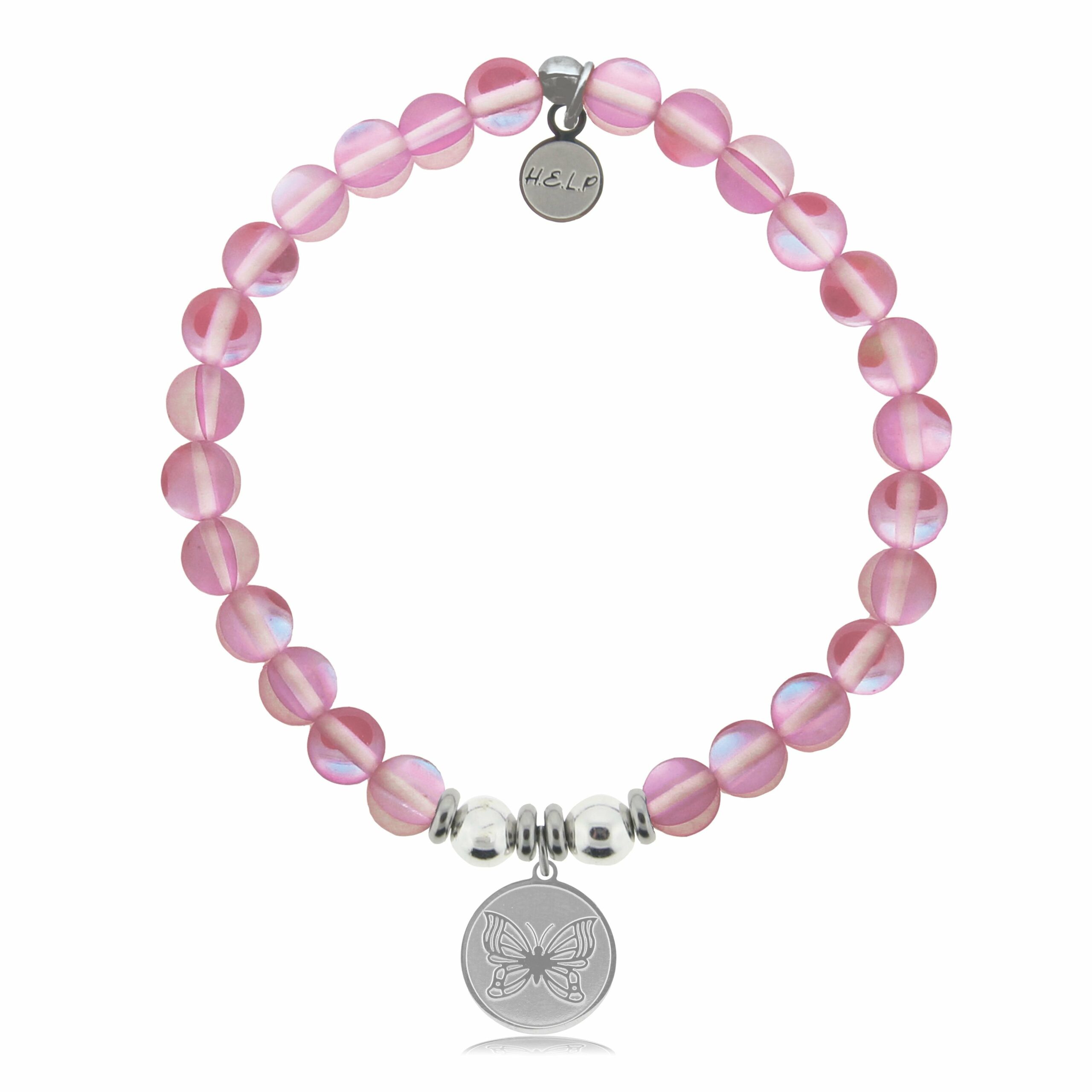 Butterfly Charm with Pink Opalescent Beads Charity Bracelet