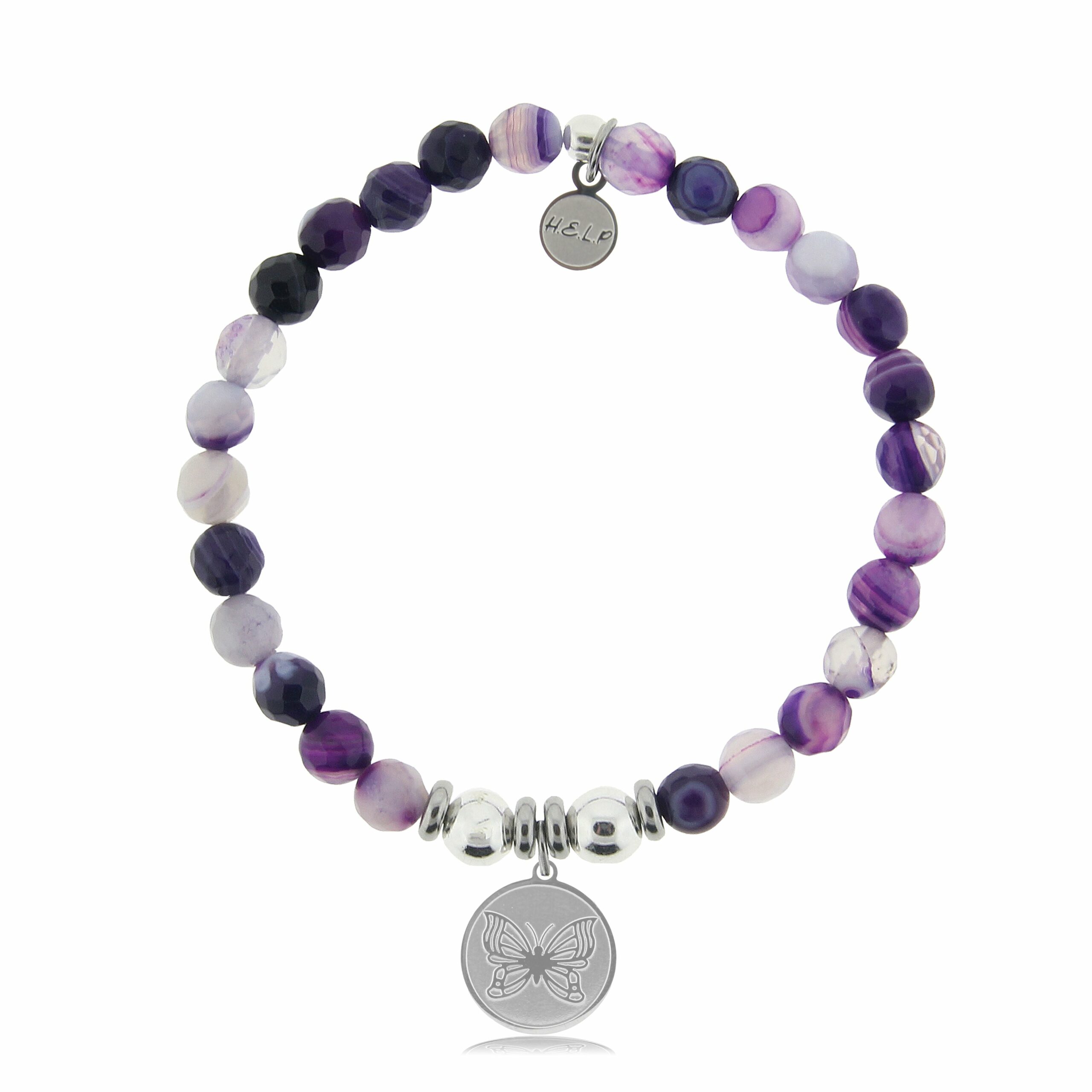 Butterfly Charm with Purple Stripe Agate Beads Charity Bracelet