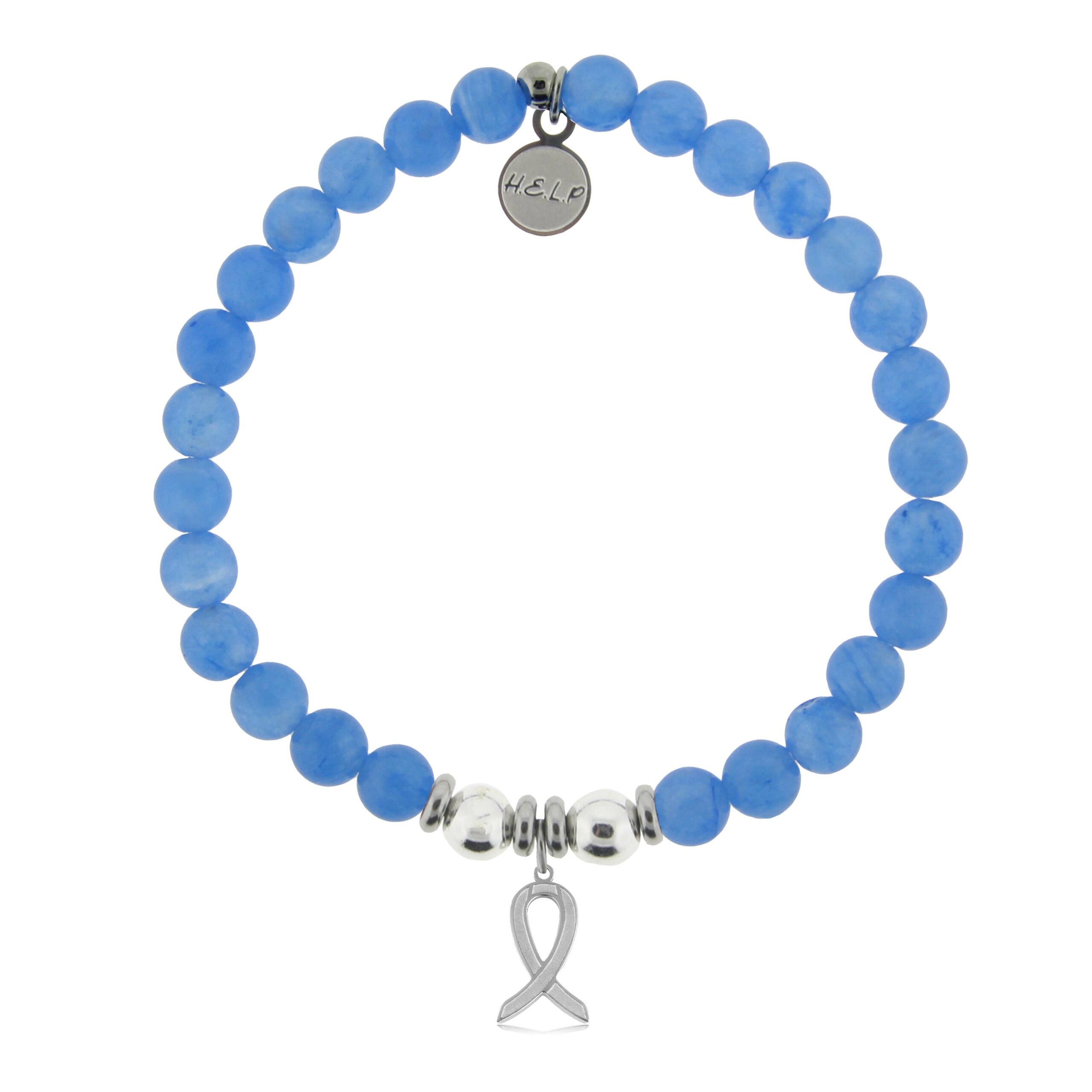 Cancer Ribbon Charm with Azure Blue Jade Charity Bracelet