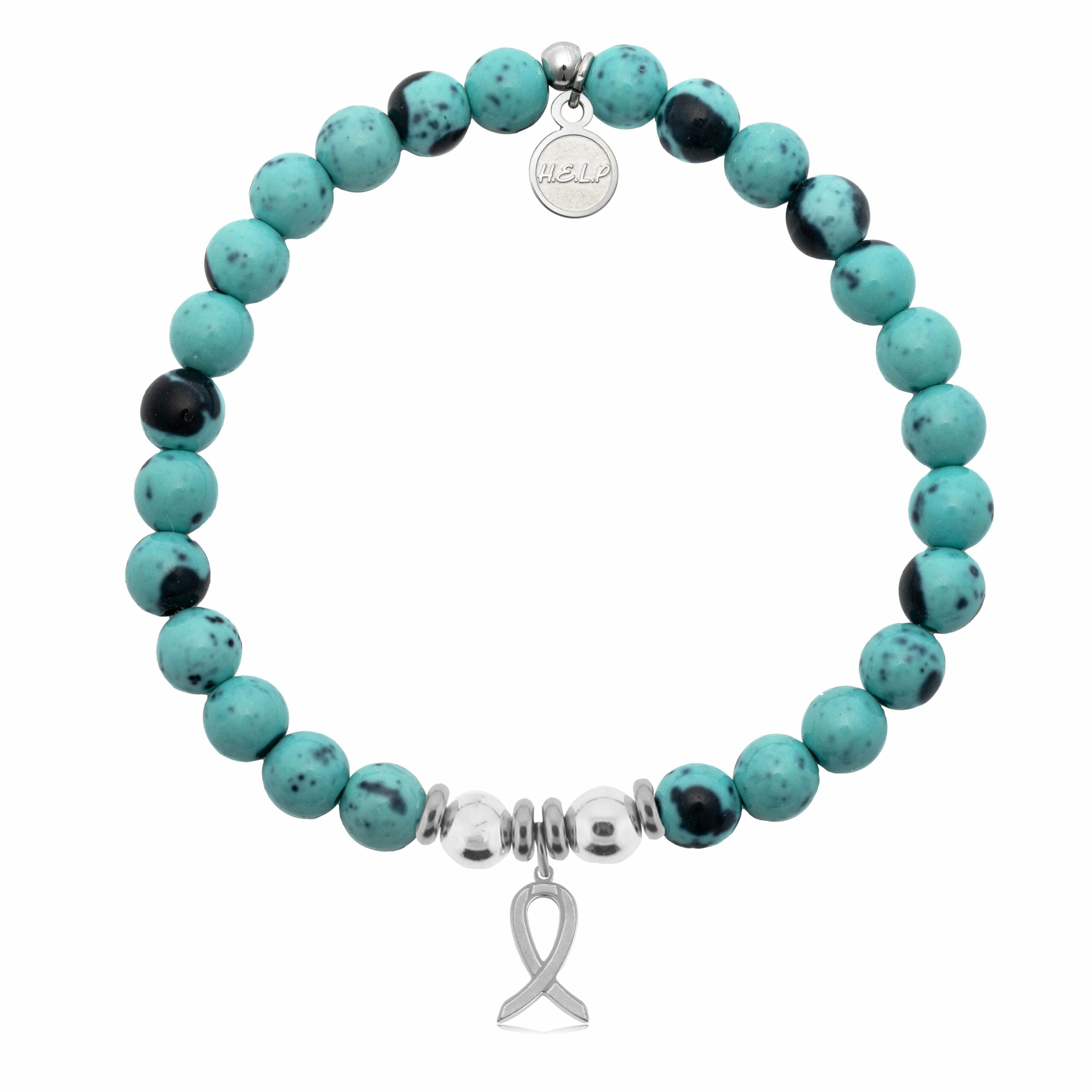 Cancer Ribbon Charm with Blue Zebra Jade Charity Bracelet