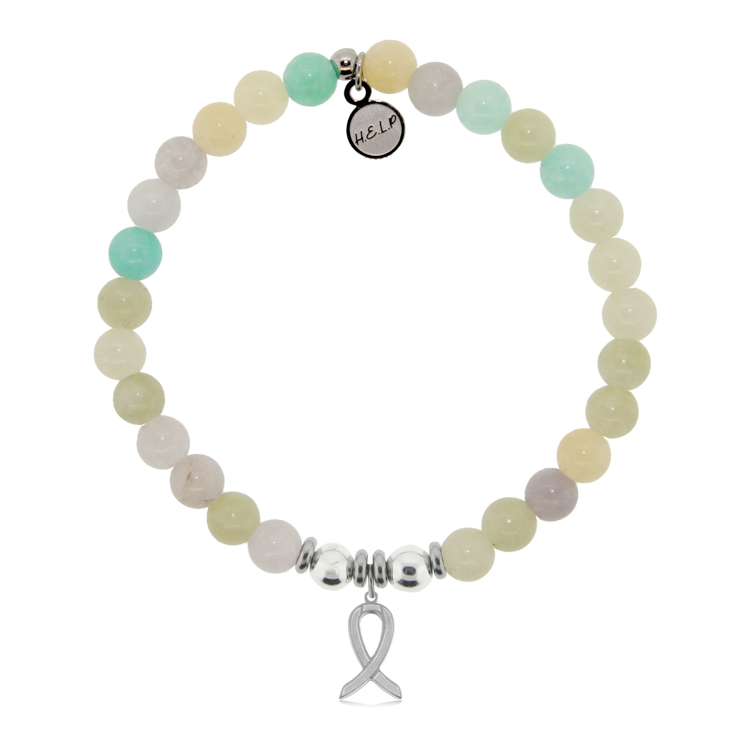 Cancer Ribbon Charm with Green Yellow Jade Charity Bracelet