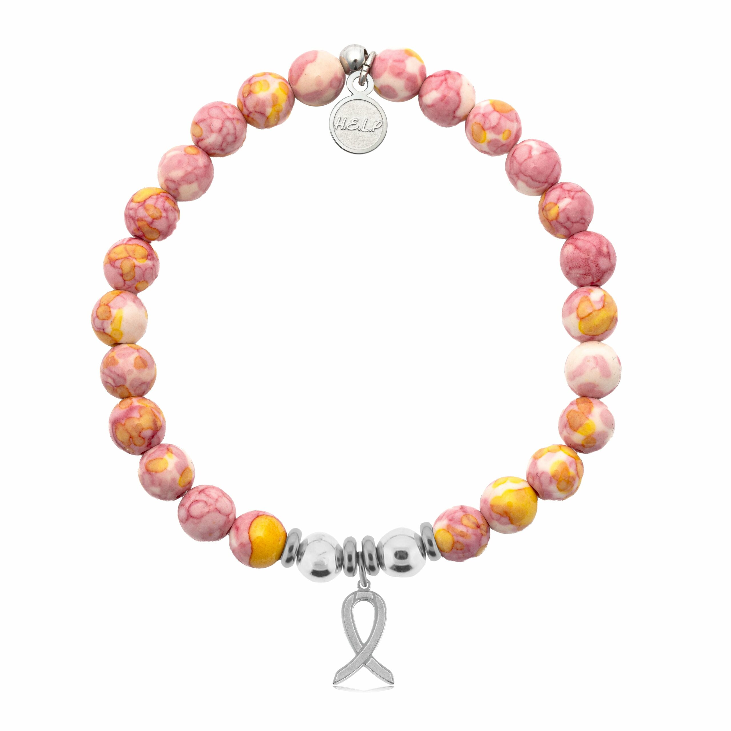 Cancer Ribbon Charm with Lemonade Jade Charity Bracelet