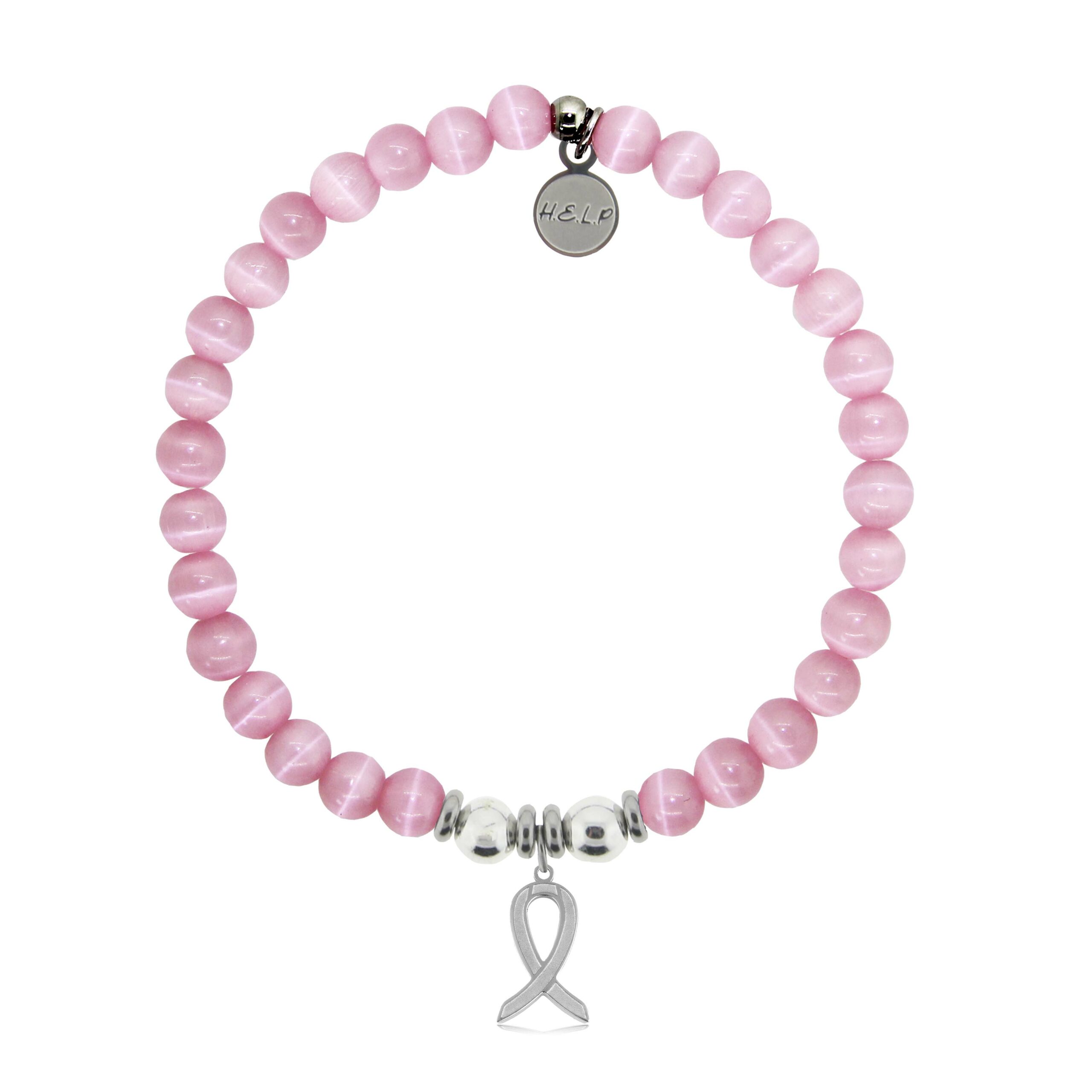 Cancer Ribbon Charm with Pink Cats Eye Charity Bracelet