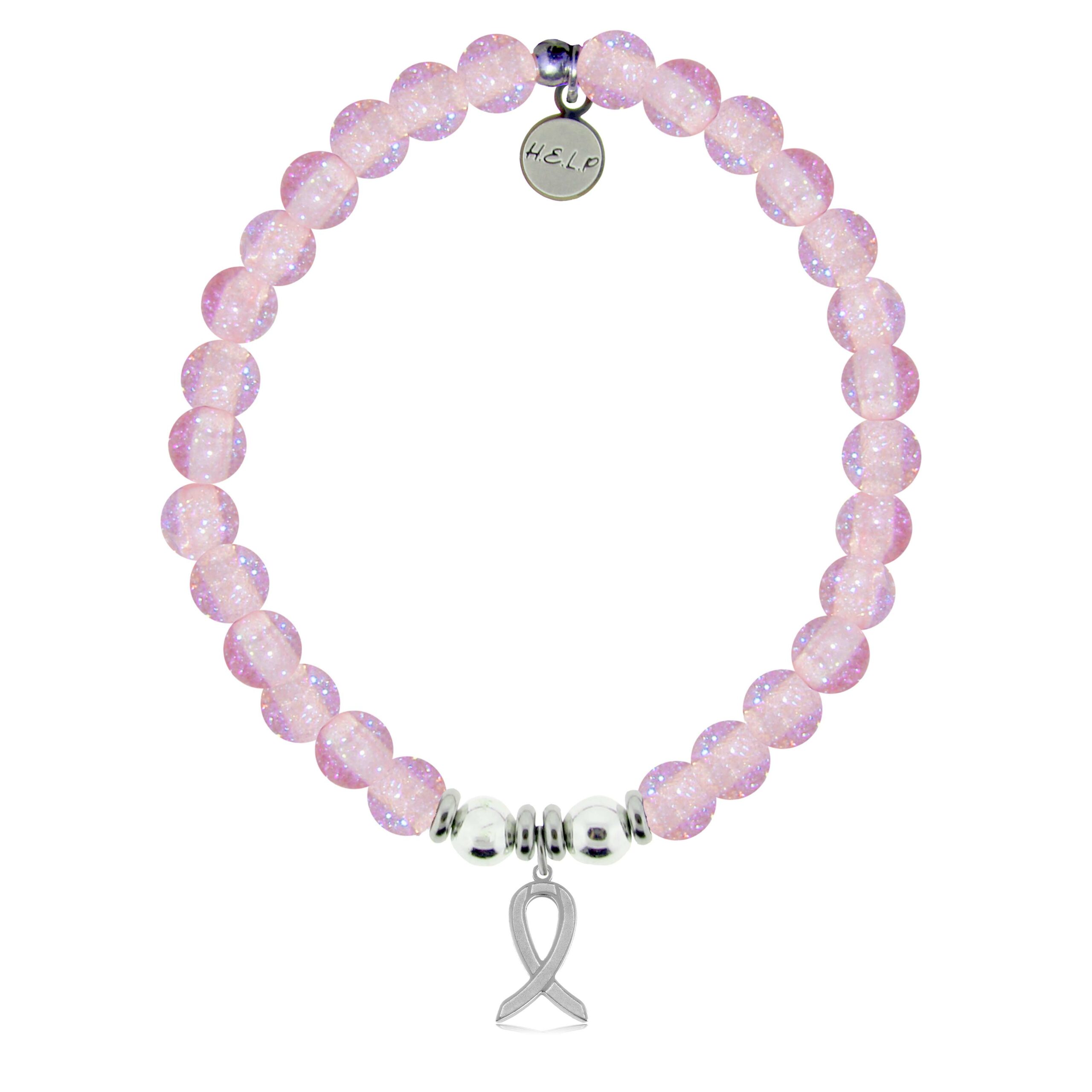 Cancer Ribbon Charm with Pink Glass Shimmer Charity Bracelet