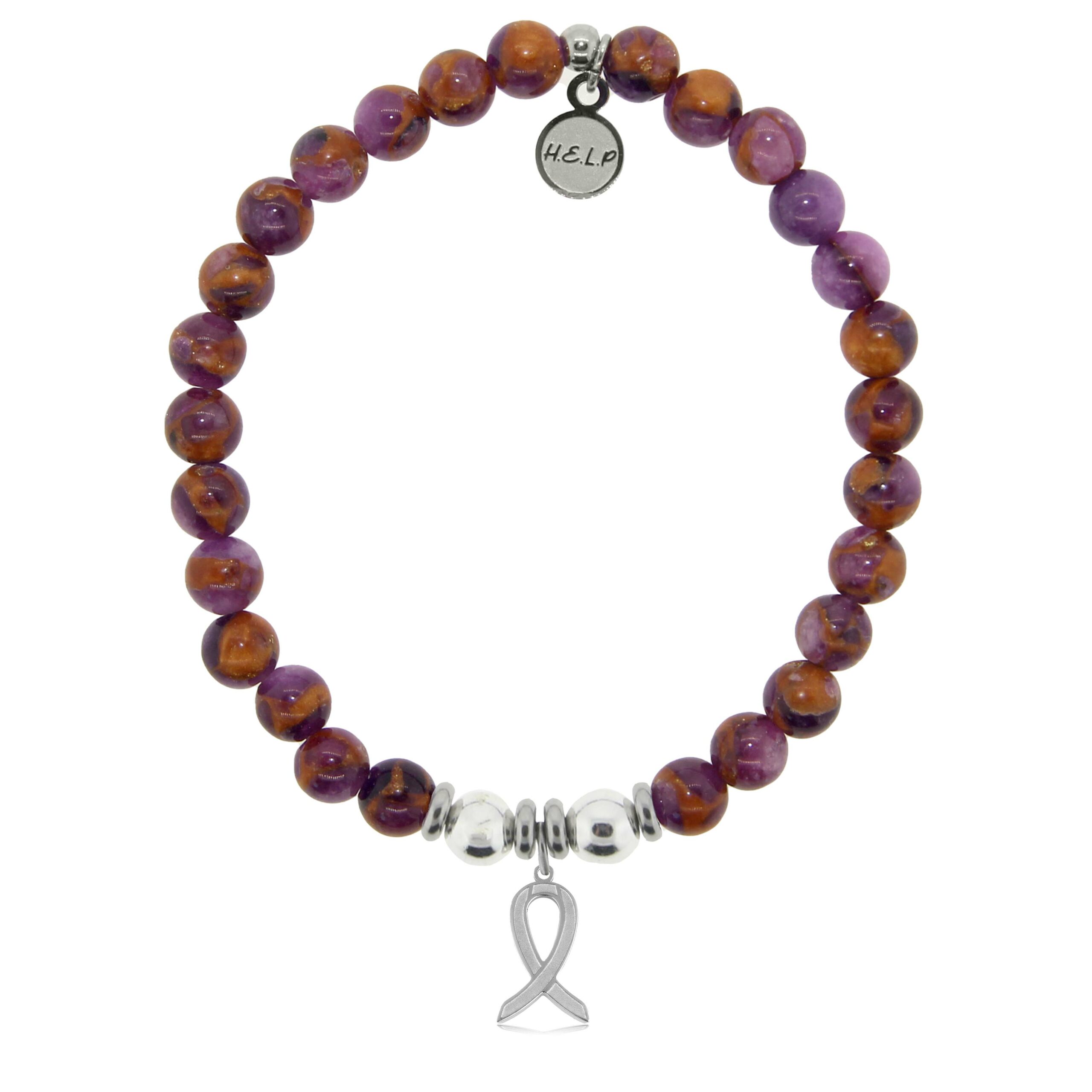 Cancer Ribbon Charm with Purple Earth Quartz Charity Bracelet