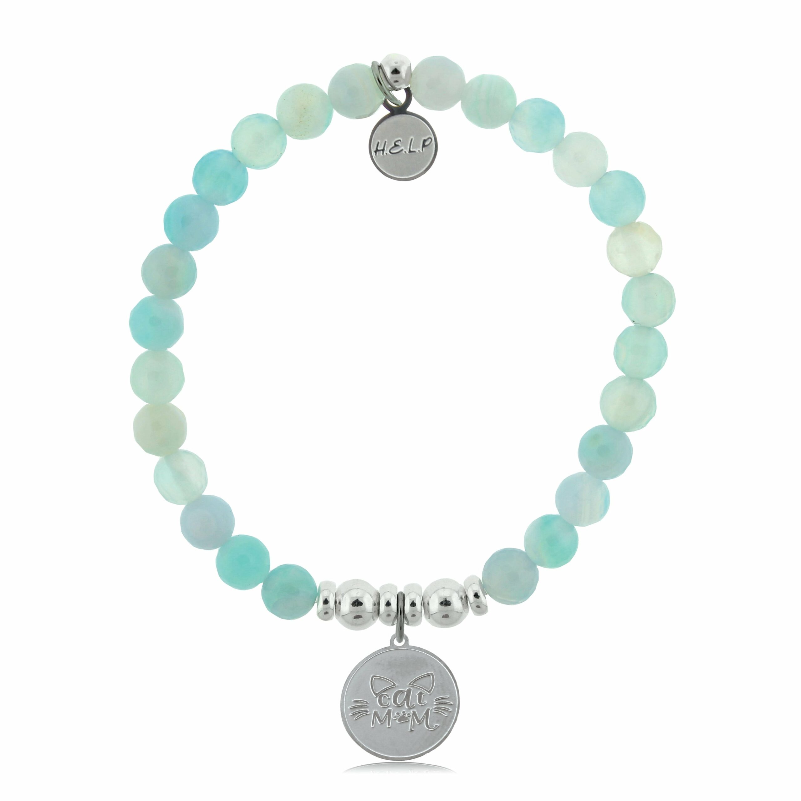 Cat Mom Charm with Light Blue Agate Beads Charity Bracelet