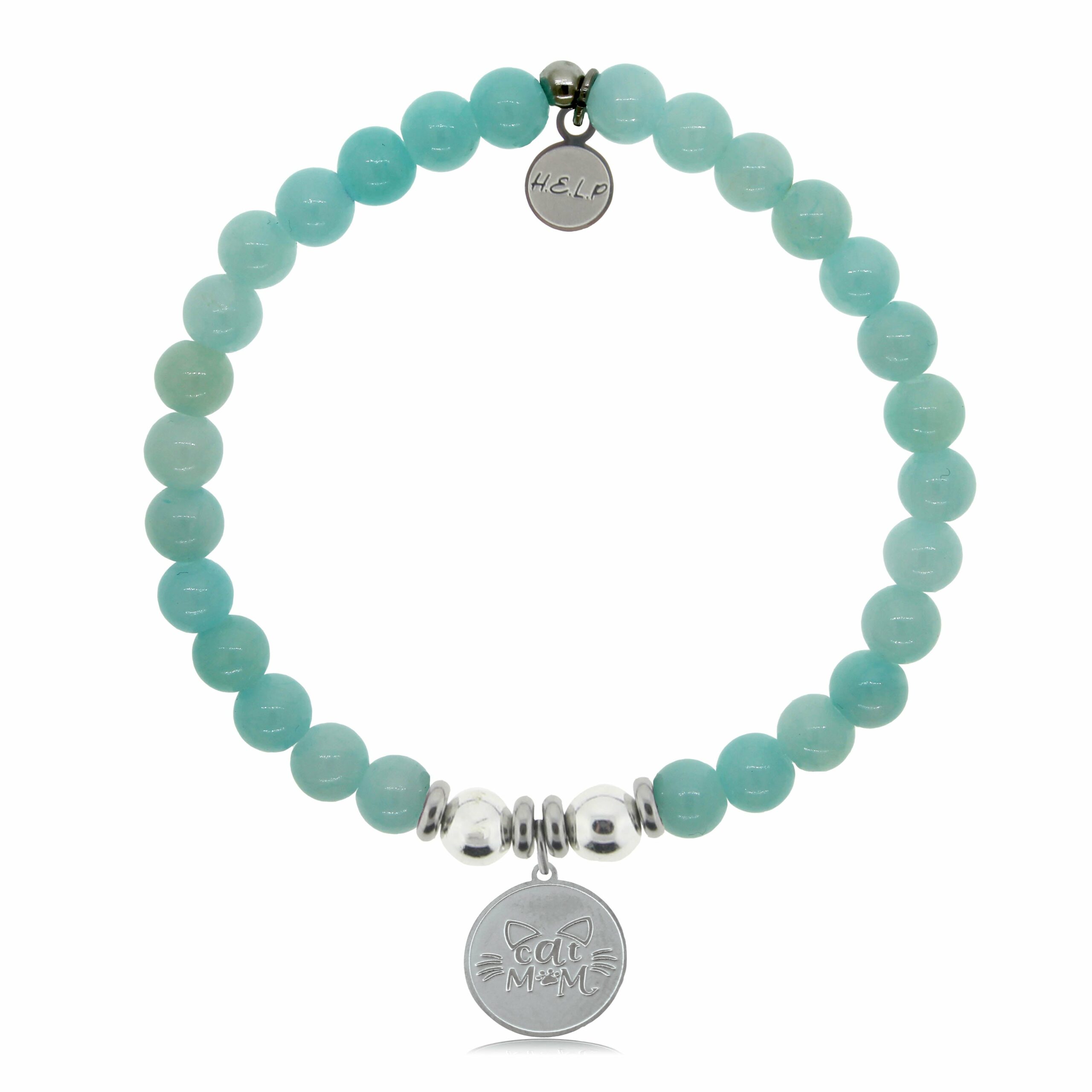 Cat Mom Charm with Baby Blue Quartz Beads Charity Bracelet