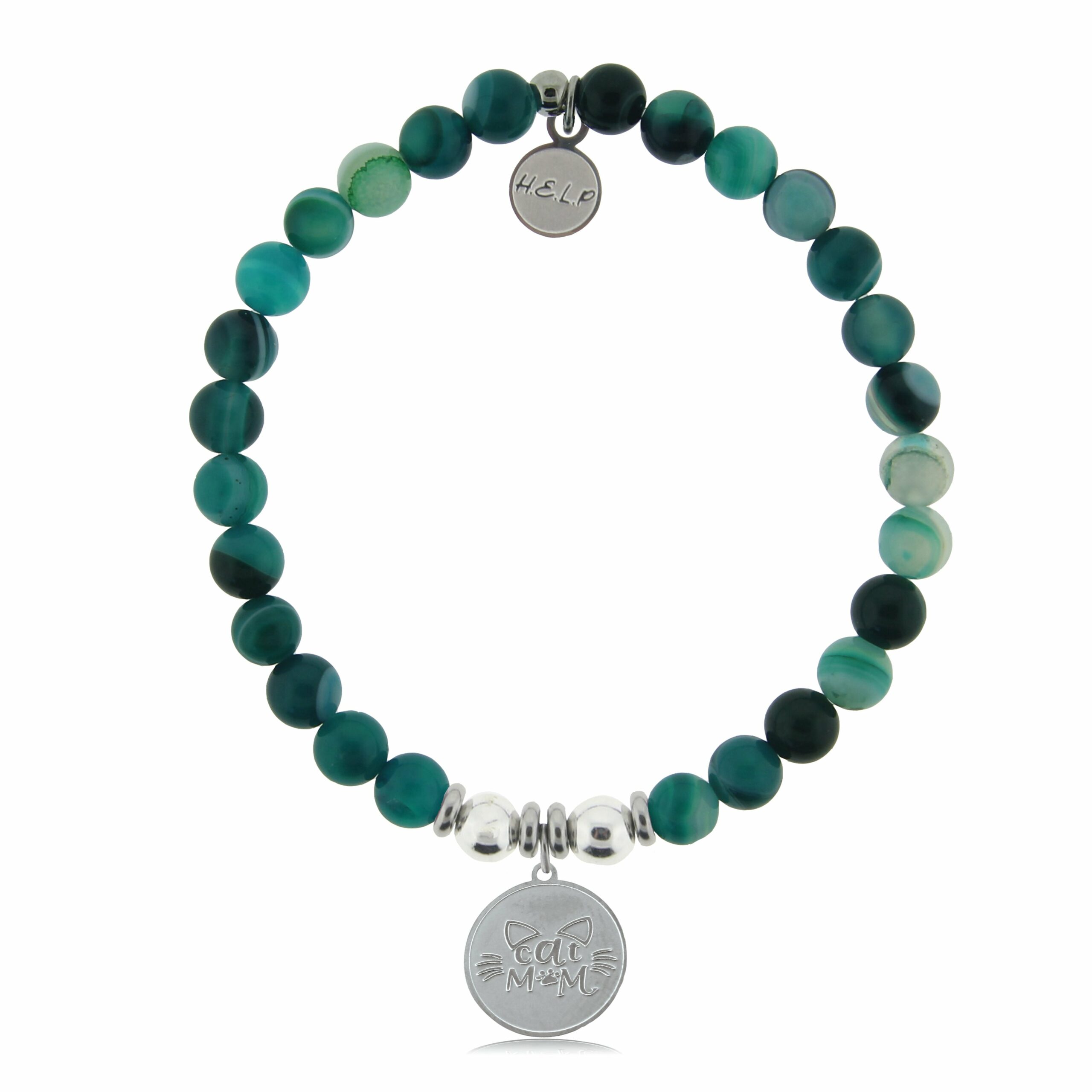 Cat Mom Charm with Green Stripe Agate Charity Bracelet