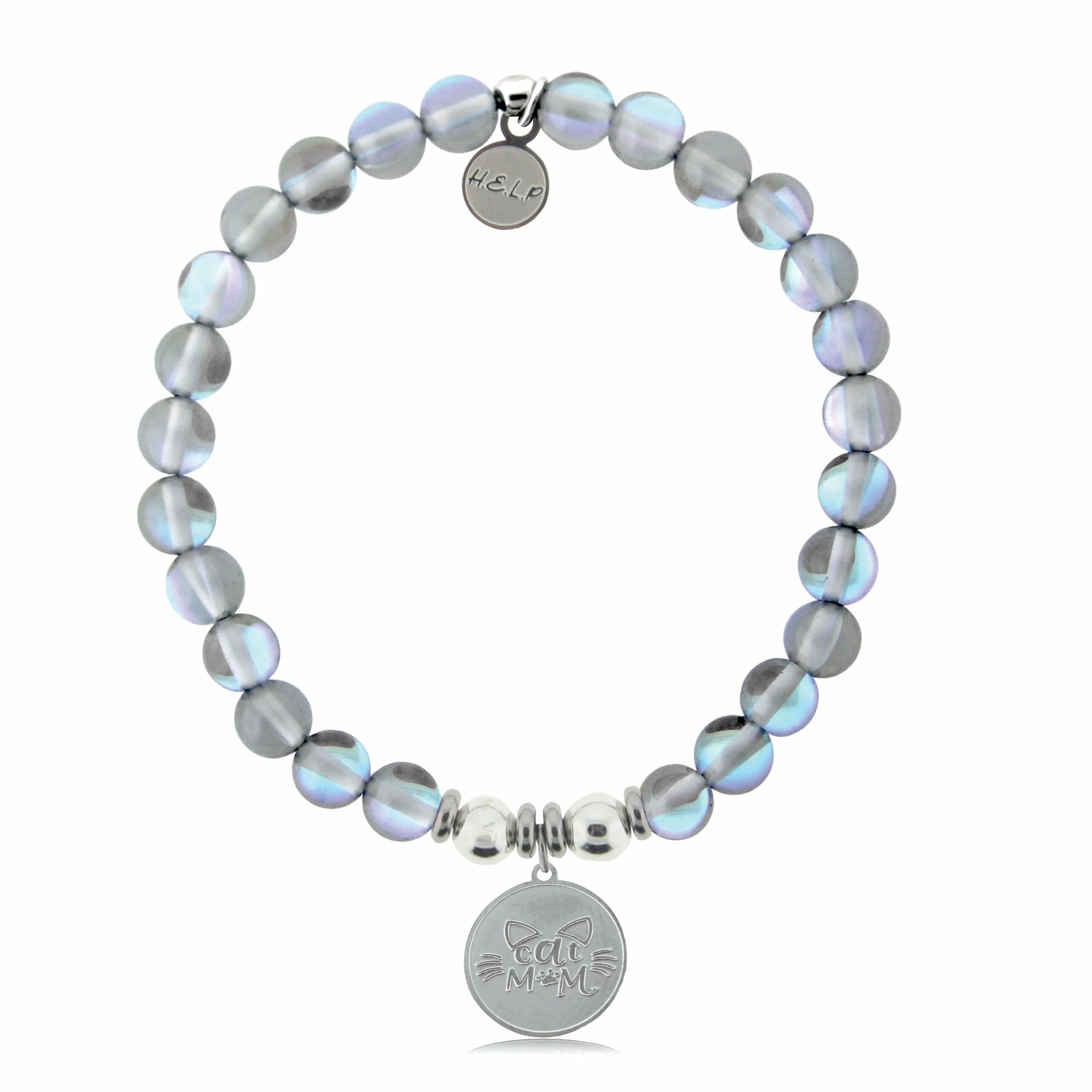 Cat Mom Charm with Grey Opalescent Beads Charity Bracelet