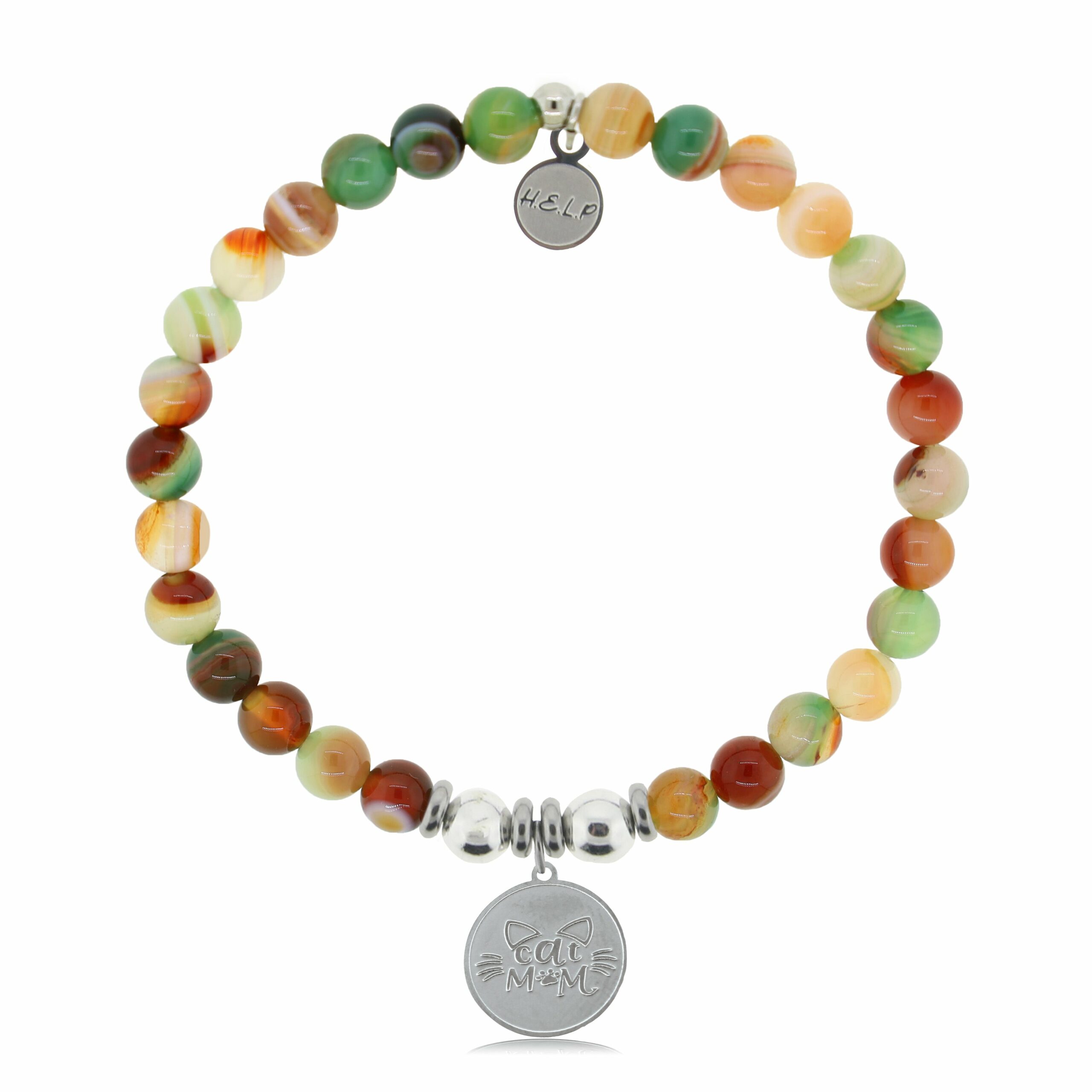 Cat Mom Charm with Multi Agate Charity Bracelet