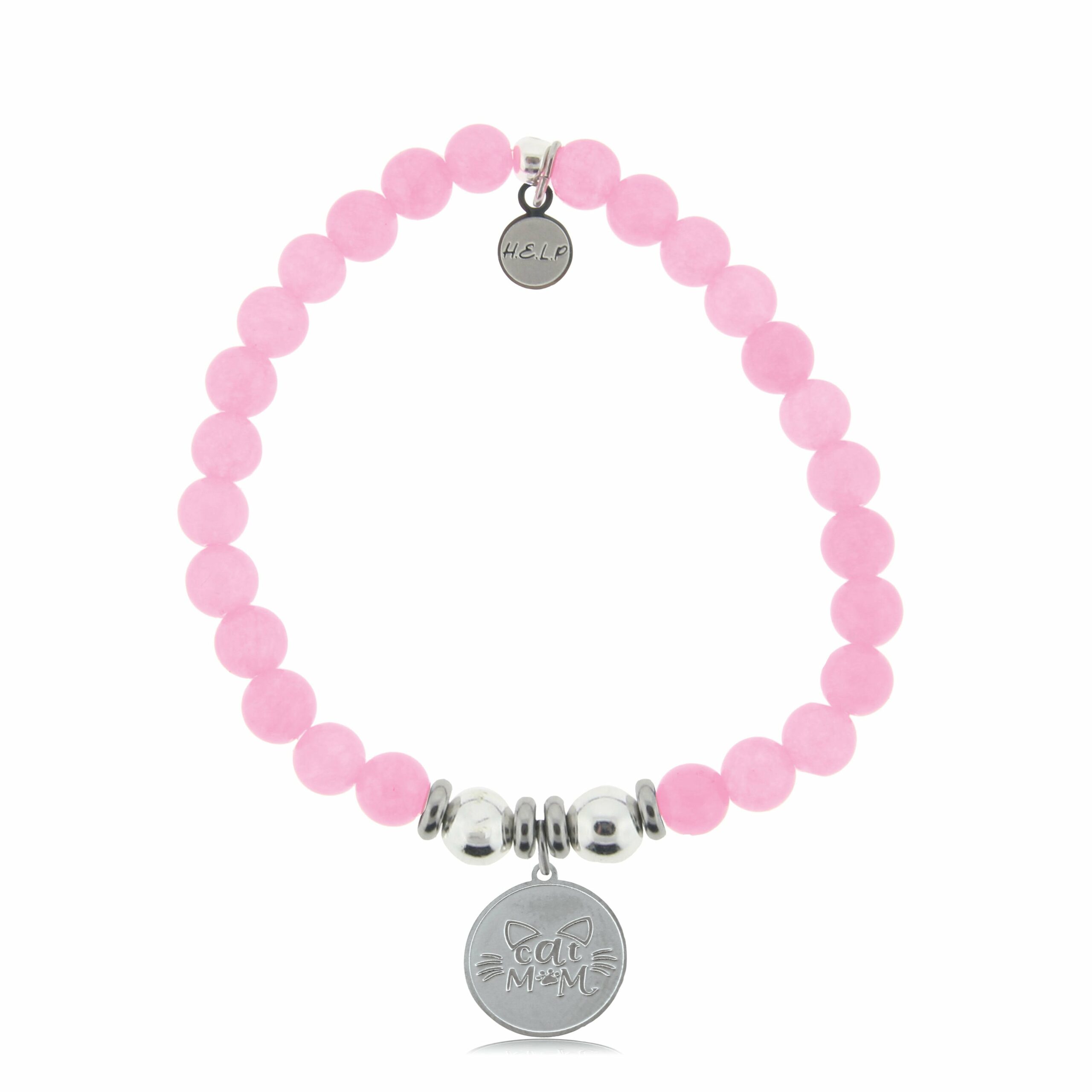 Cat Mom Charm with Pink Agate Beads Charity Bracelet