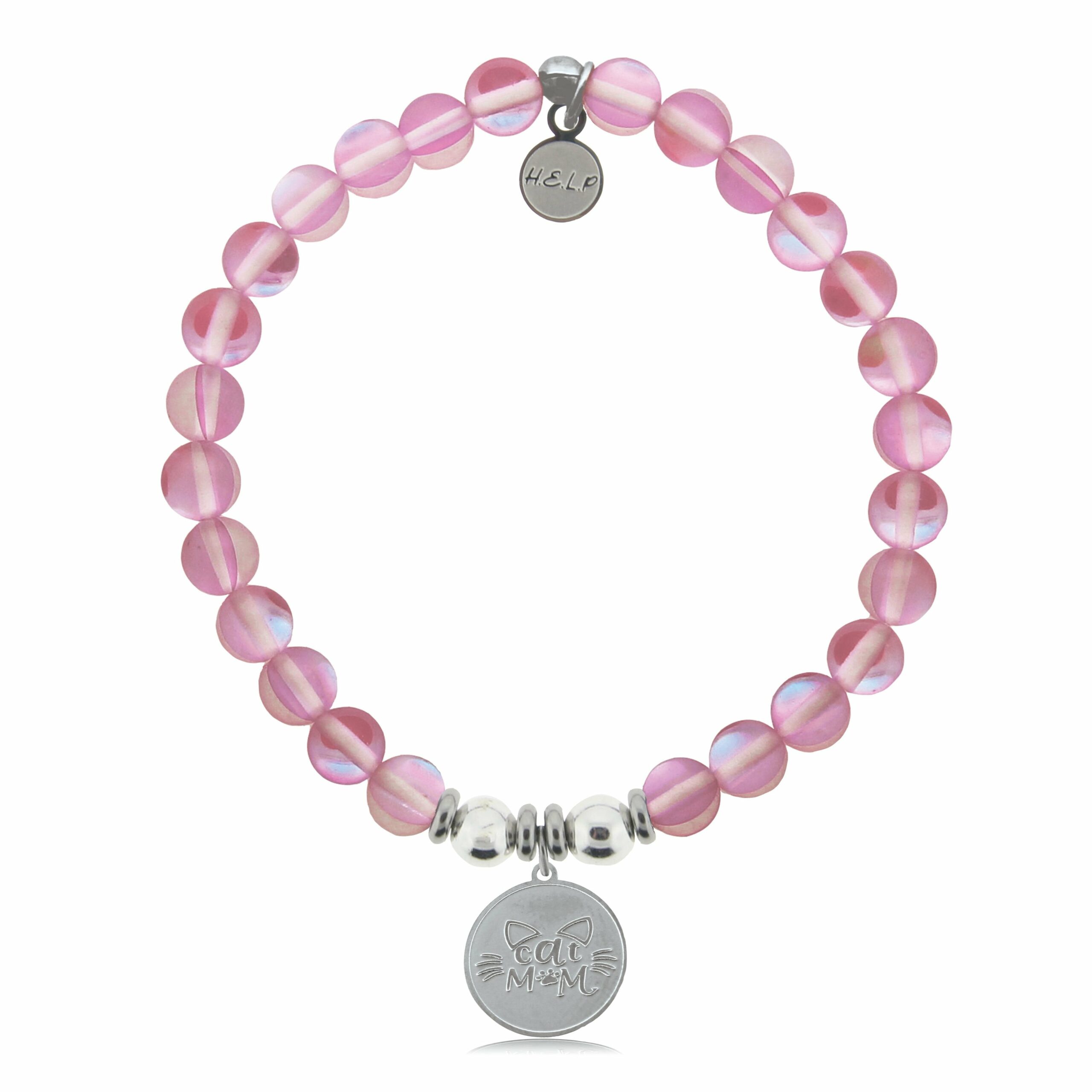 Cat Mom Charm with Pink Opalescent Beads Charity Bracelet