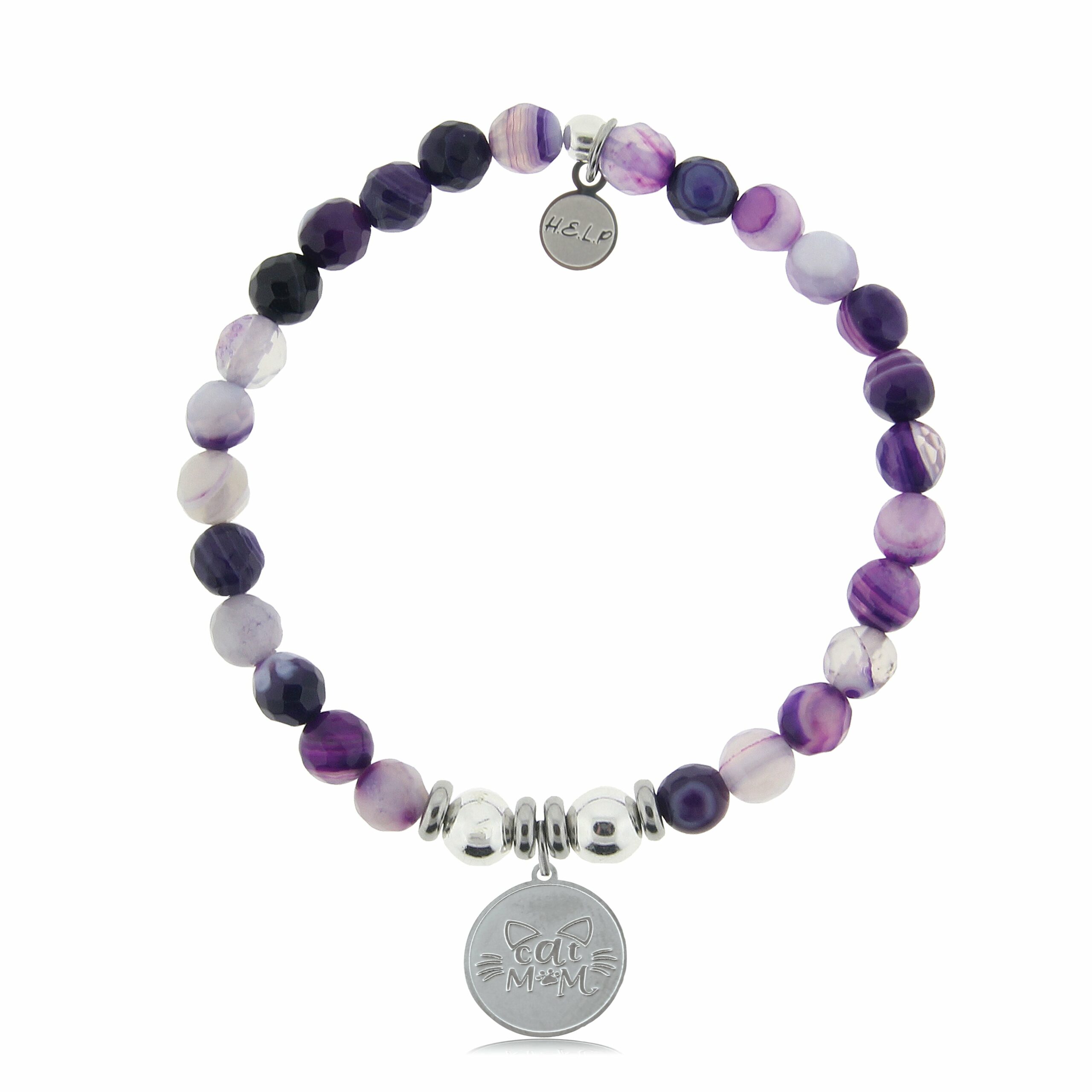 Cat Mom Charm with Purple Stripe Agate Beads Charity Bracelet