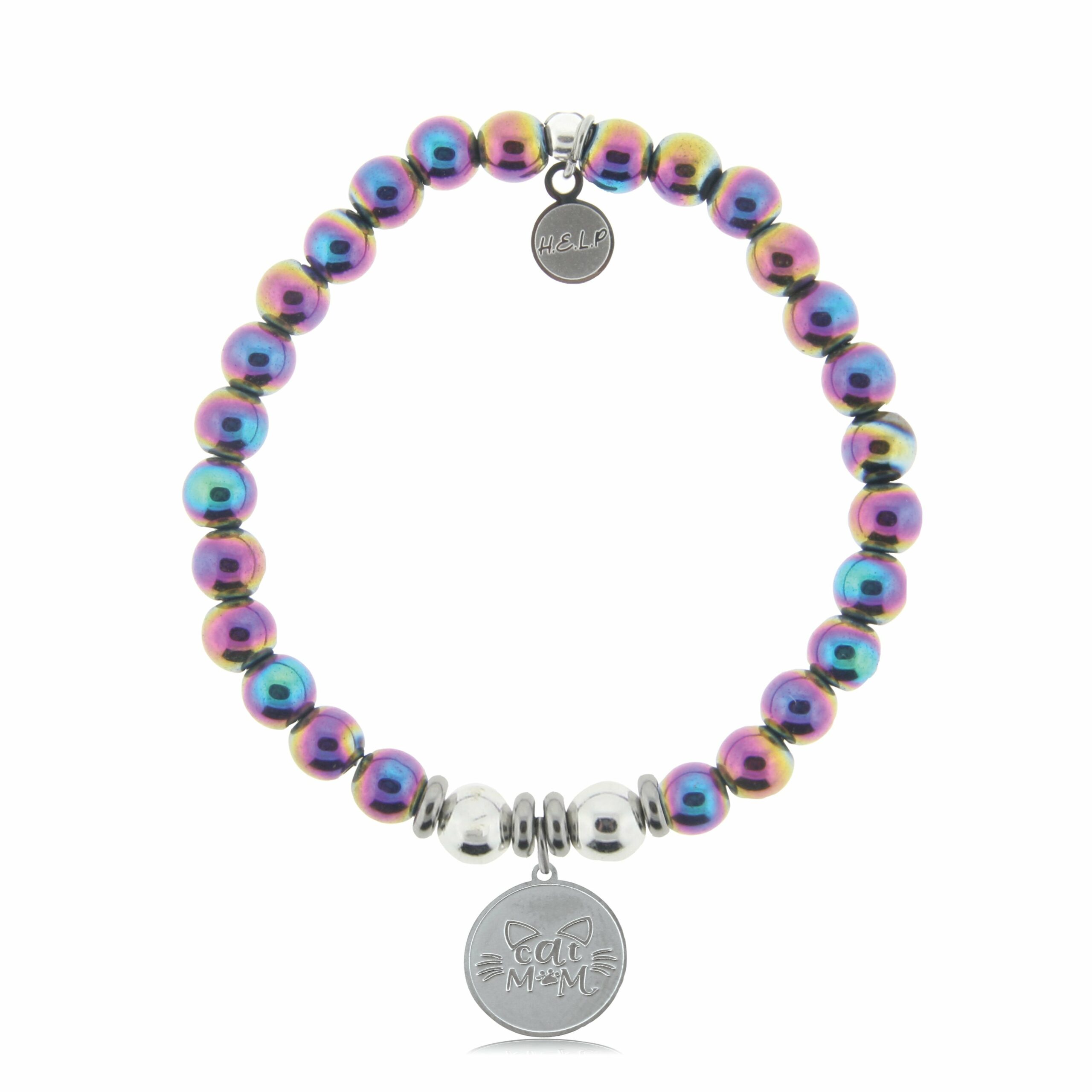 Cat Mom Charm with Rainbow Hematite Beads Charity Bracelet