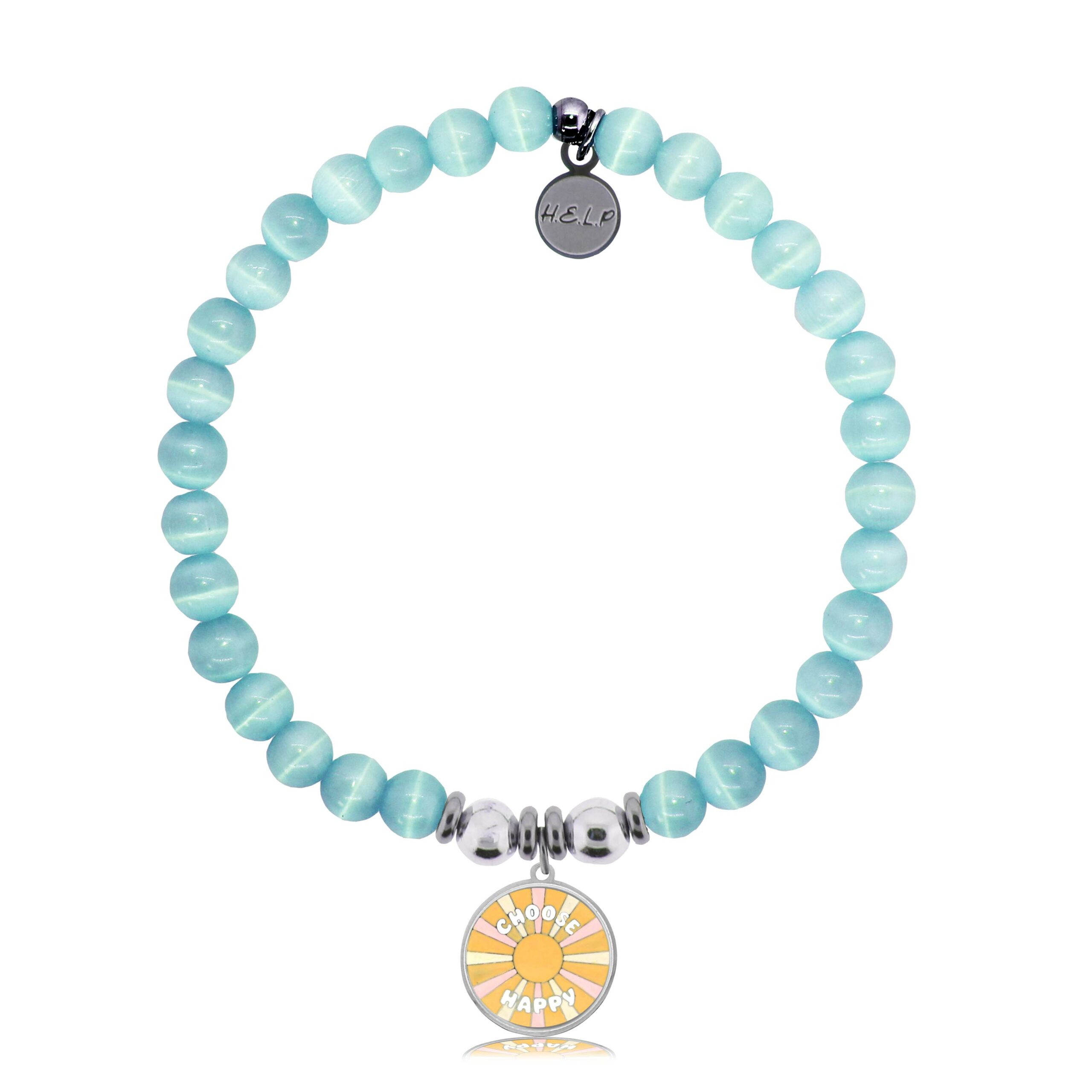 Choose Happy Charm with Aqua Cats Eye Charity Bracelet