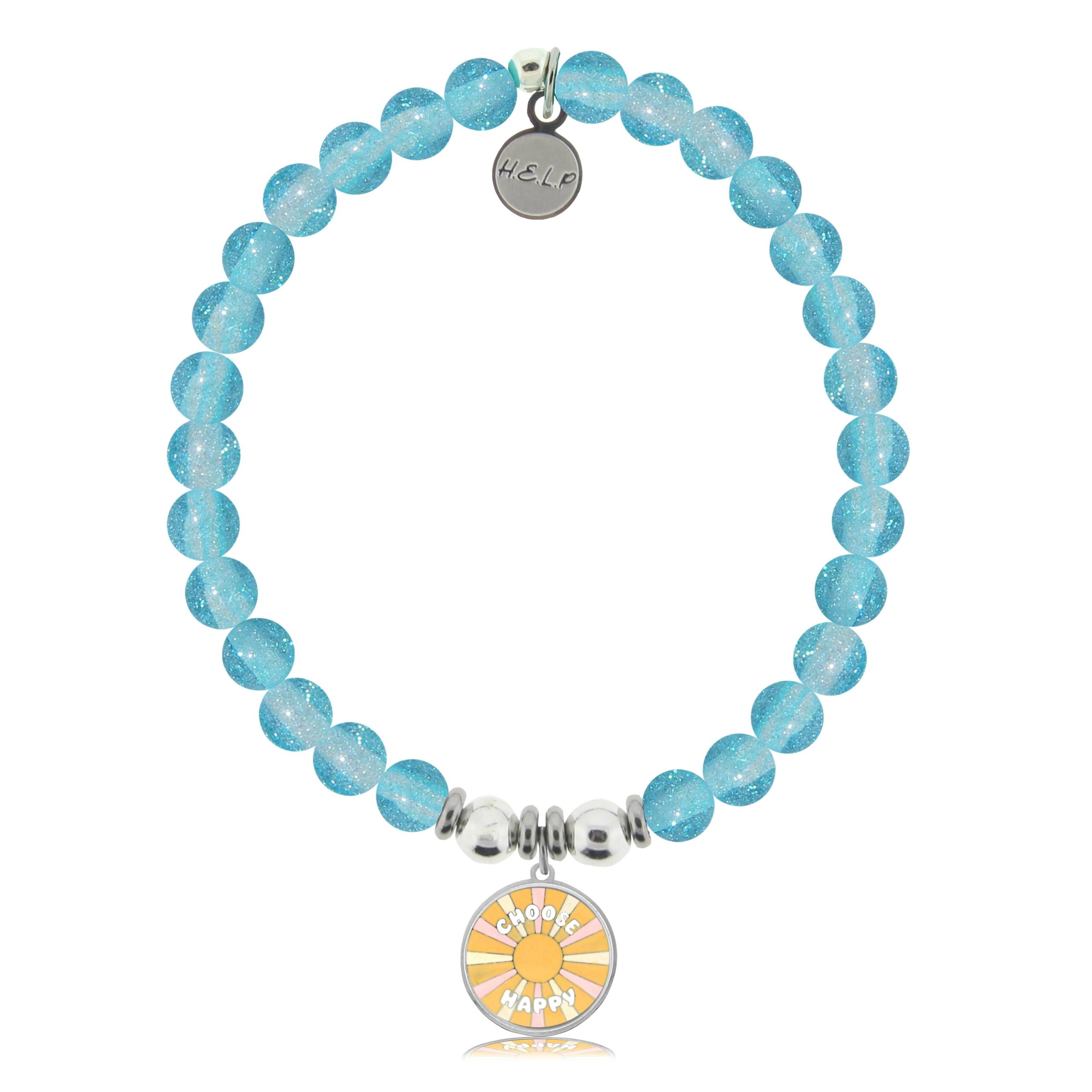 Choose Happy Charm with Blue Glass Shimmer Charity Bracelet