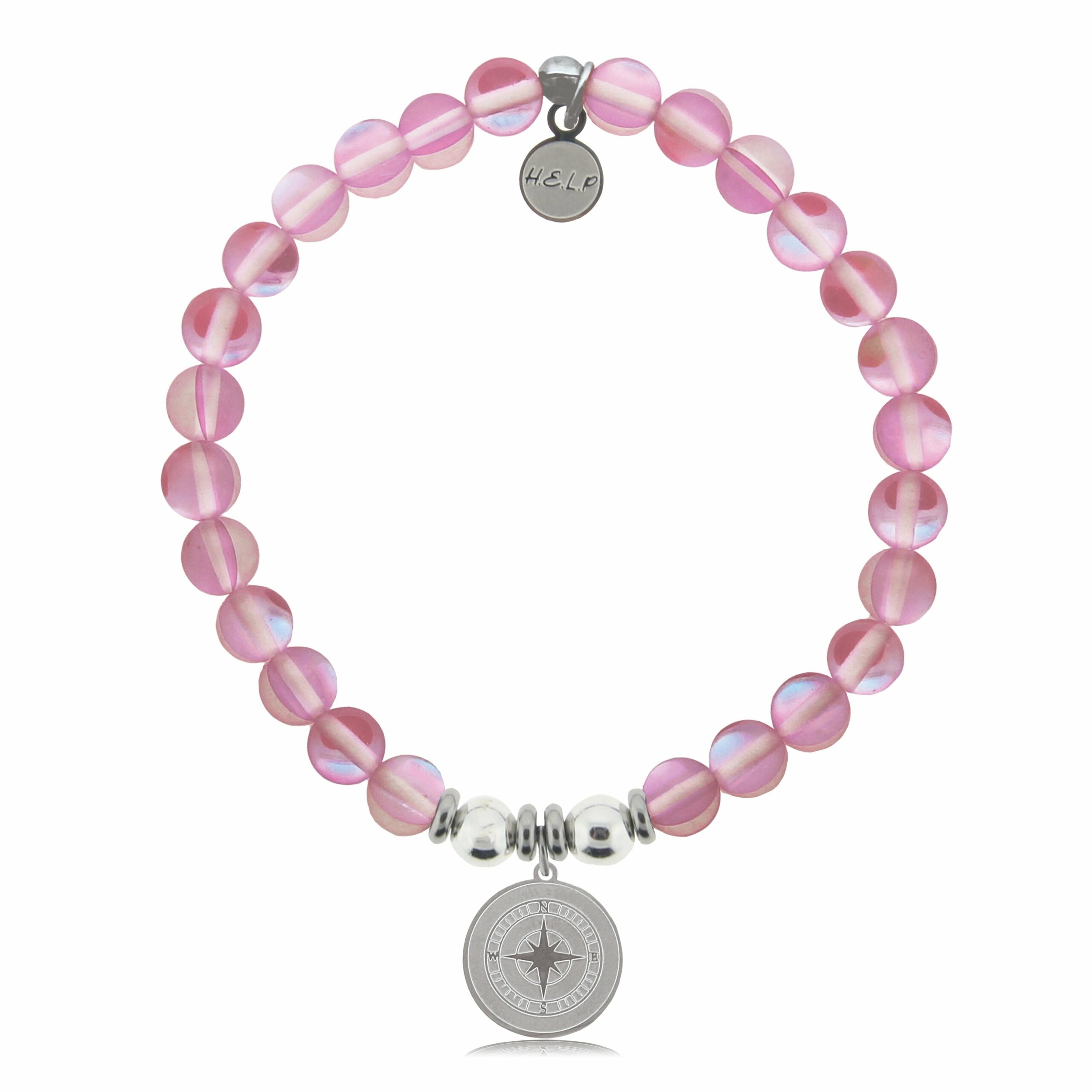 Compass Charm with Pink Opalescent Beads Charity Bracelet