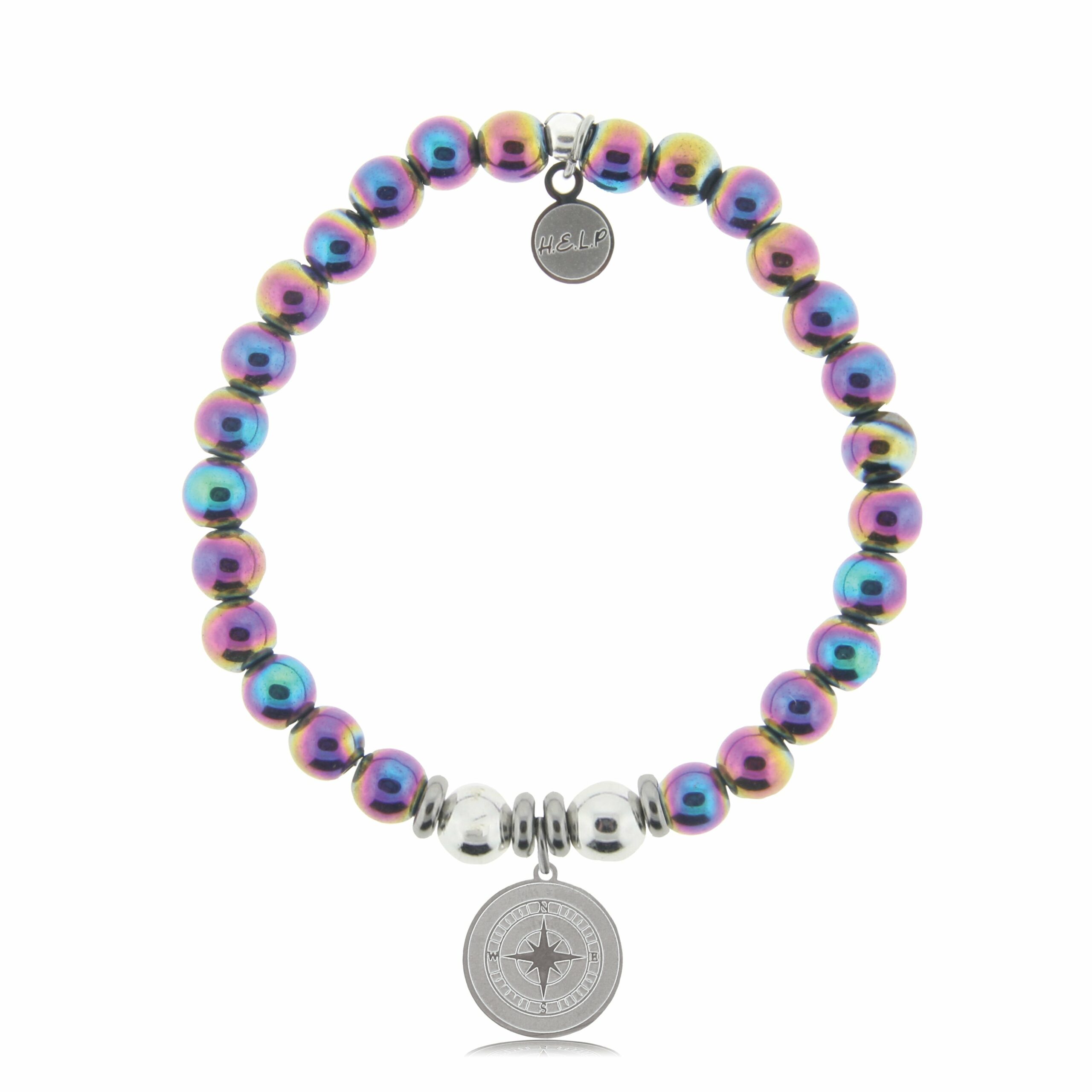 Compass Charm with Rainbow Hematite Beads Charity Bracelet