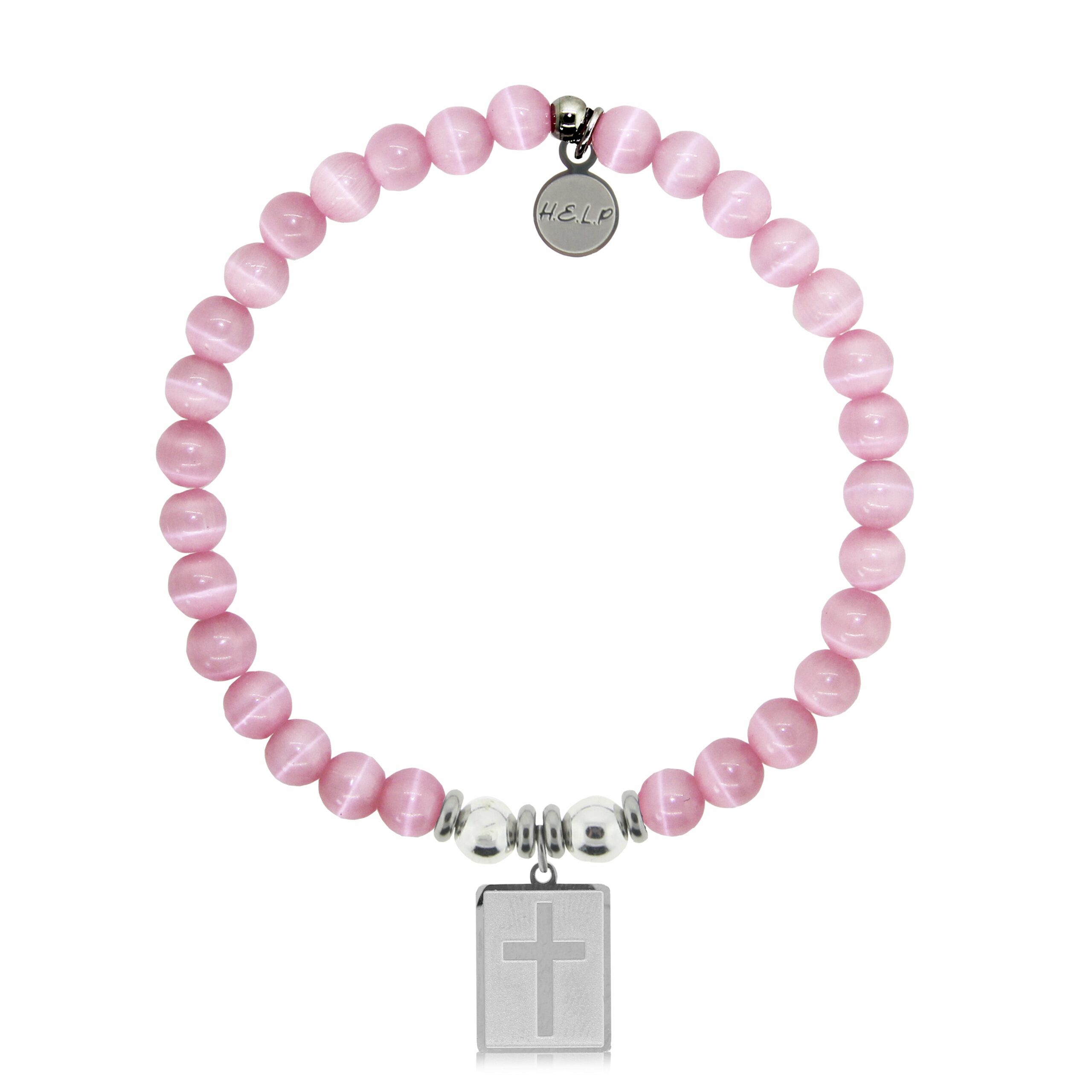 Cross Rectangle Charm with Pink Cat Eye Charity Bracelet